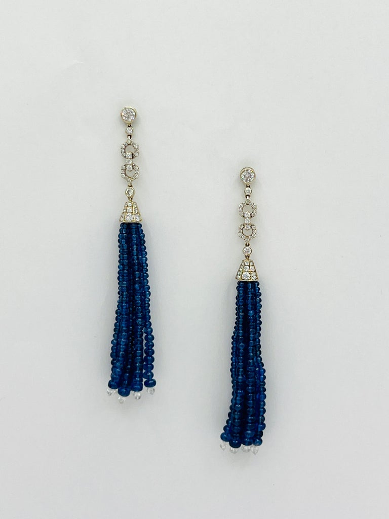 Estate Fred Leighton Blue Sapphire Beads and White Diamond Dangle Earrings