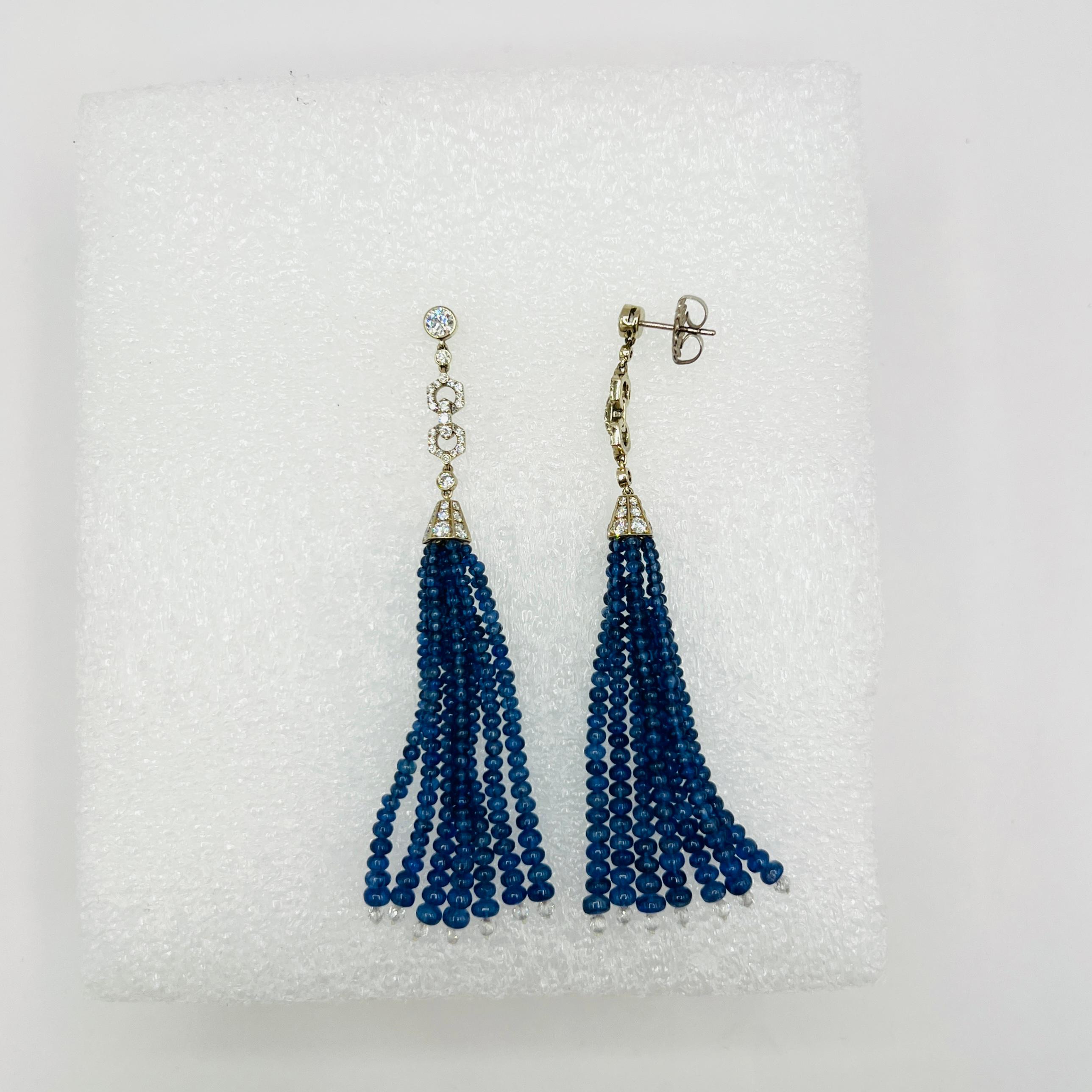 Estate Fred Leighton Blue Sapphire Beads and White Diamond Dangle Earrings For Sale 2
