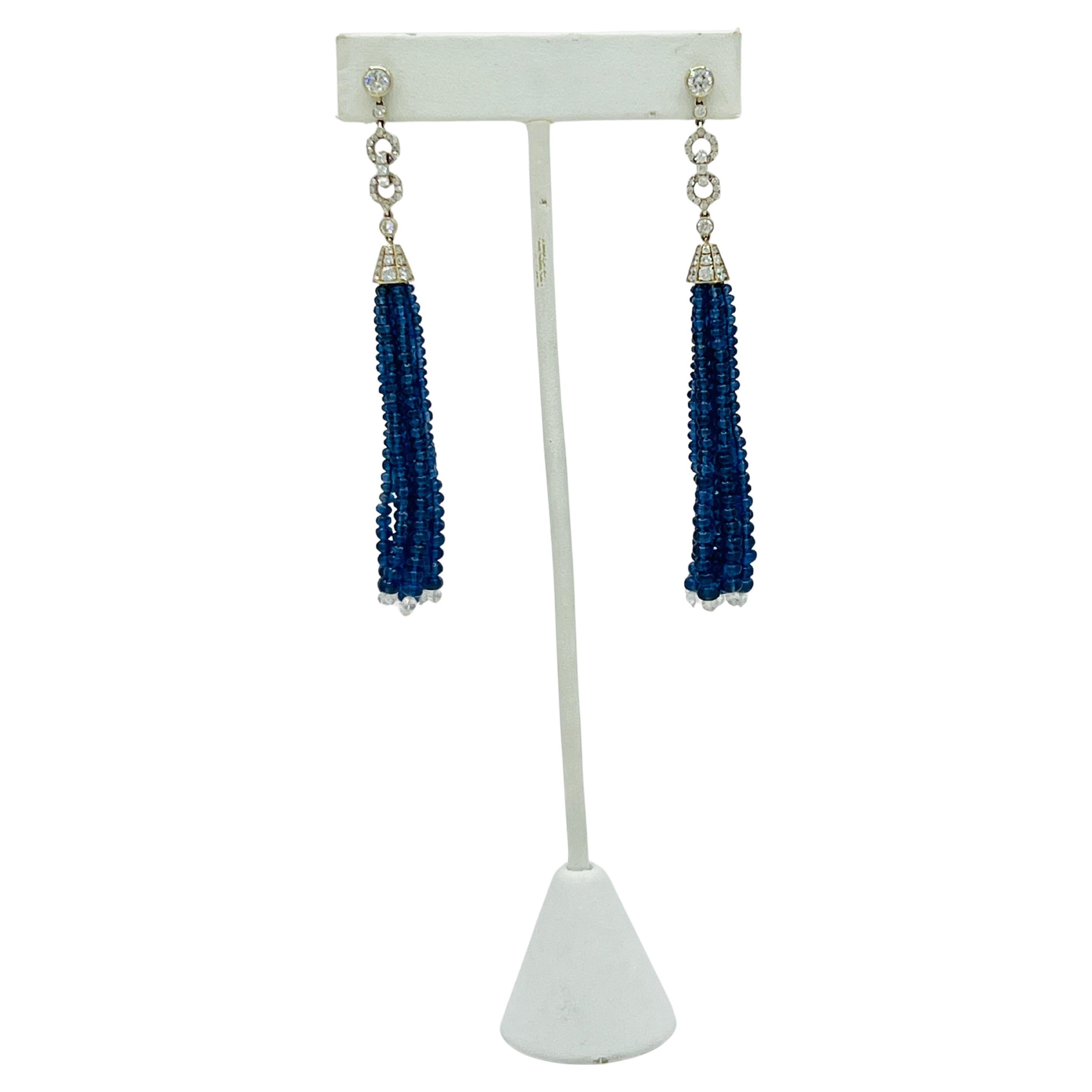 Estate Fred Leighton Blue Sapphire Beads and White Diamond Dangle Earrings