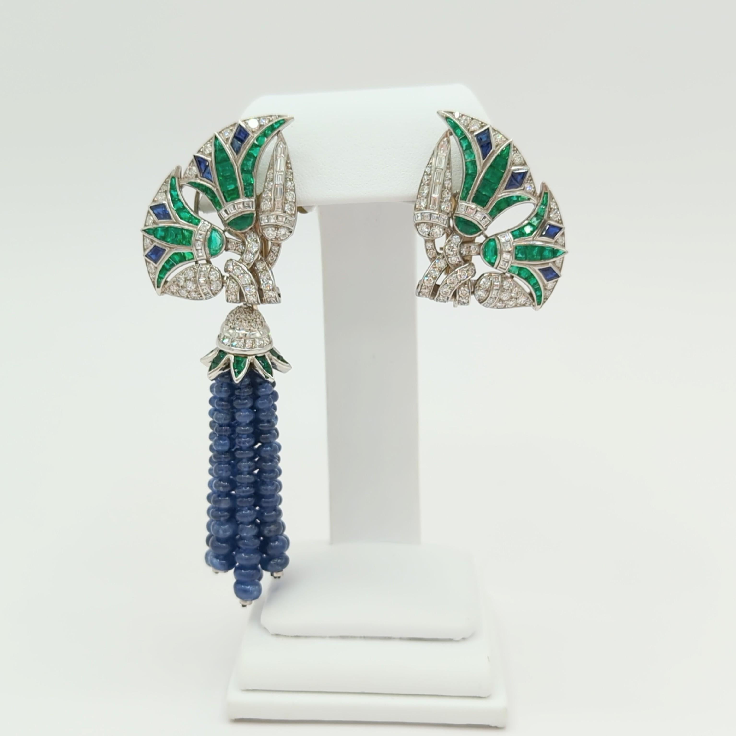 Estate Fred Leighton Emerald, Sapphire and Diamond Dangle Earrings in 18K Gold 1