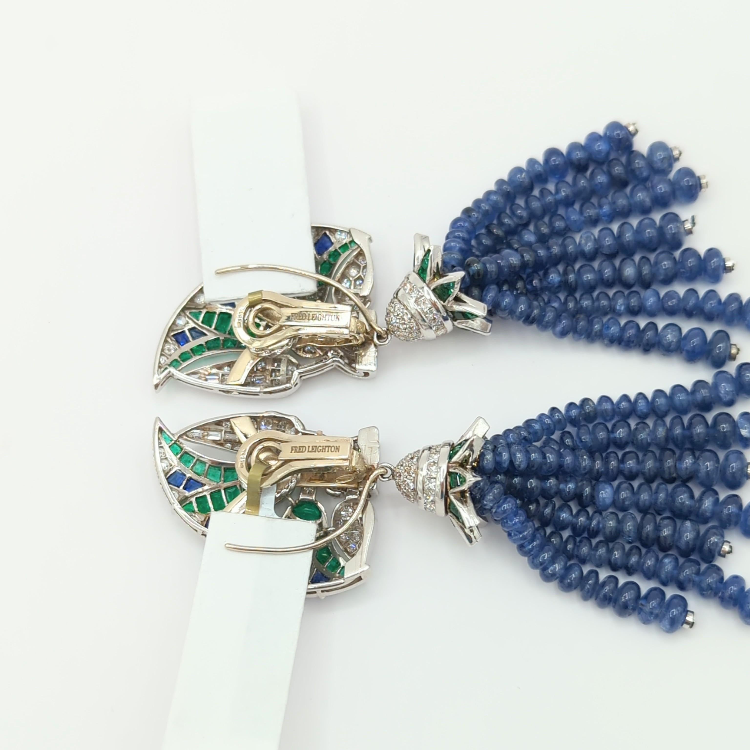 Estate Fred Leighton Emerald, Sapphire and Diamond Dangle Earrings in 18K Gold 3