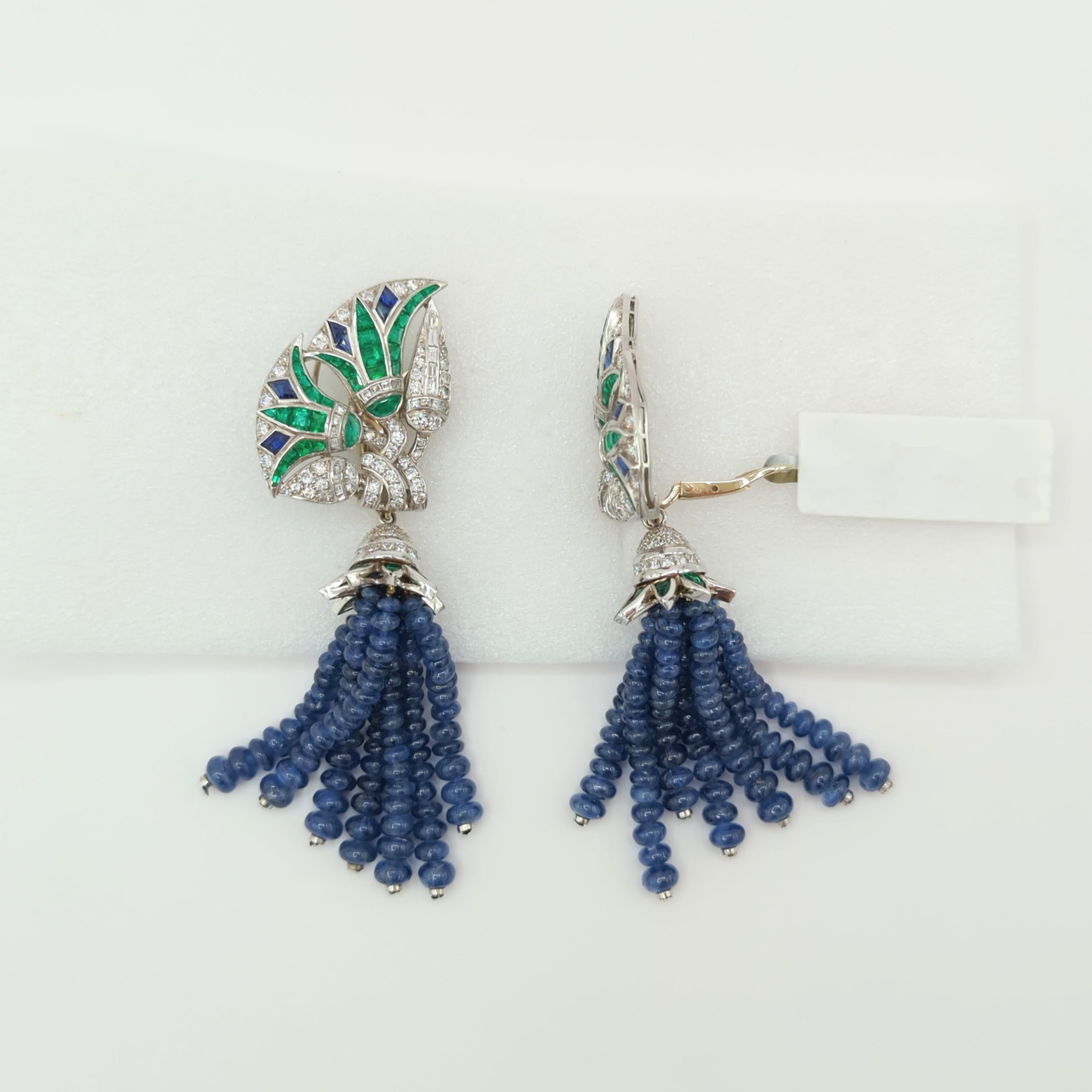 Estate Fred Leighton Emerald, Sapphire and Diamond Dangle Earrings in 18K Gold 4
