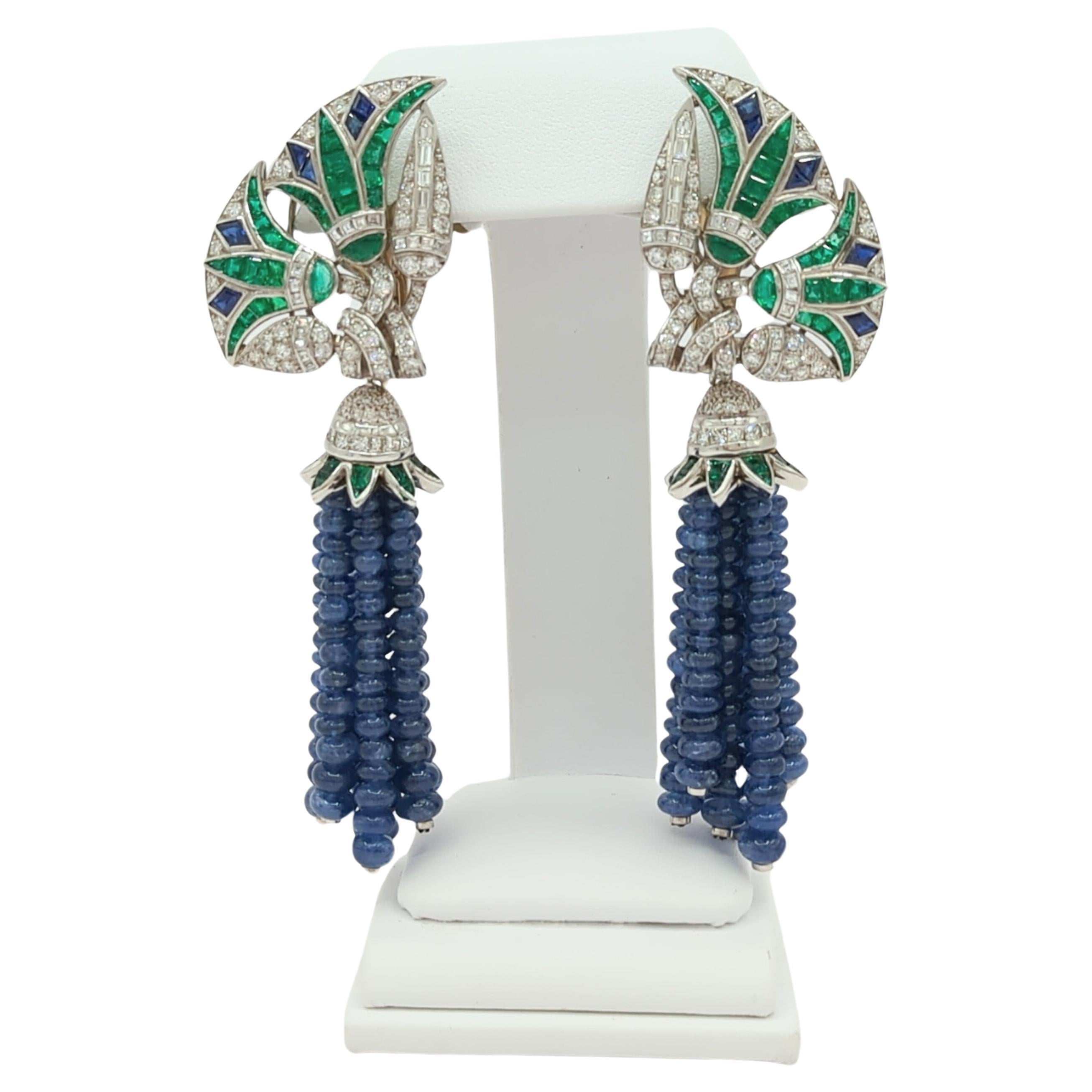 Estate Fred Leighton Emerald, Sapphire and Diamond Dangle Earrings in 18K Gold