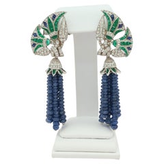 Estate Fred Leighton Emerald, Sapphire and Diamond Dangle Earrings in 18K Gold