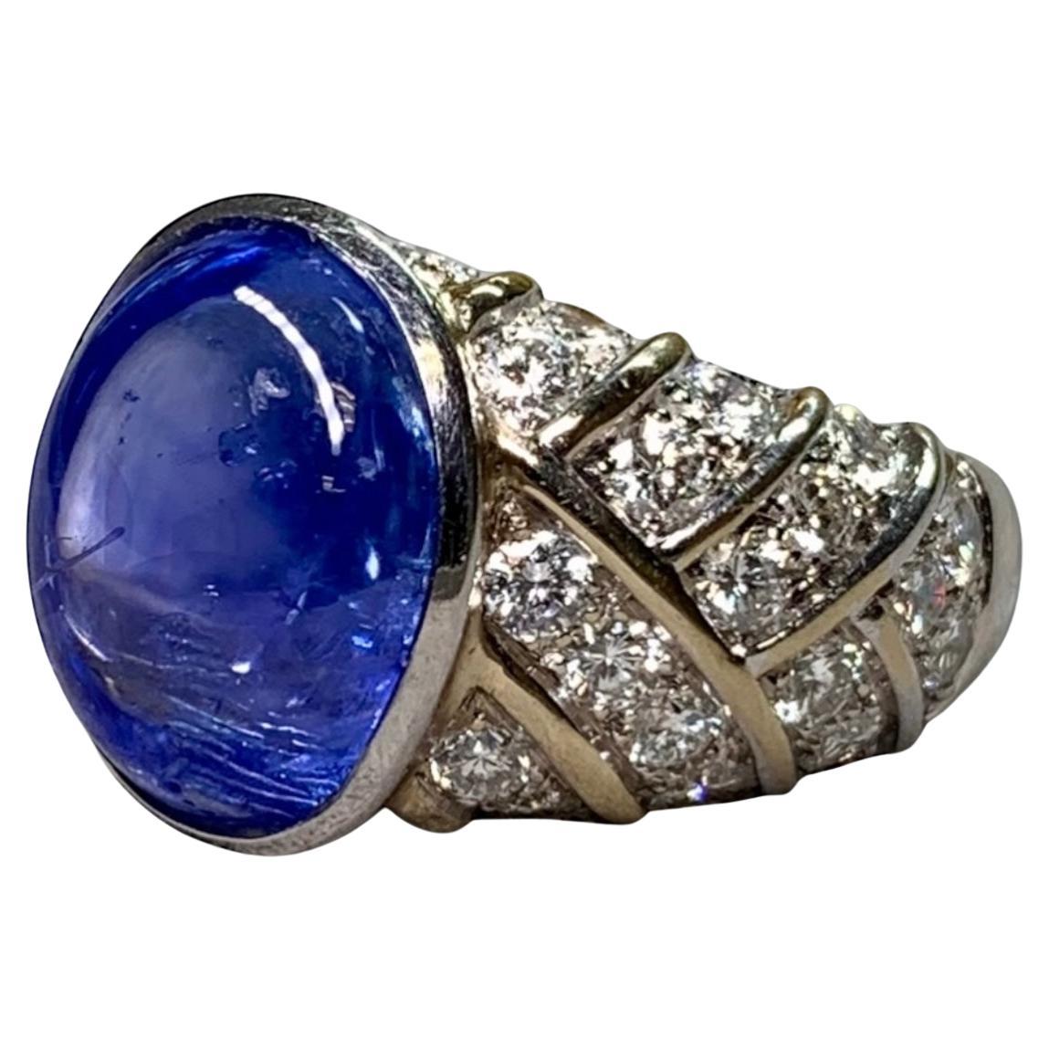 Estate French 18K Cabochon Sapphire Diamond Cocktail Ring GIA No Heat 14.59ctw