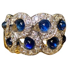 Estate FRENCH 18K Diamond Cabochon Sapphire Scalloped Cocktail Ring 5.68ctw