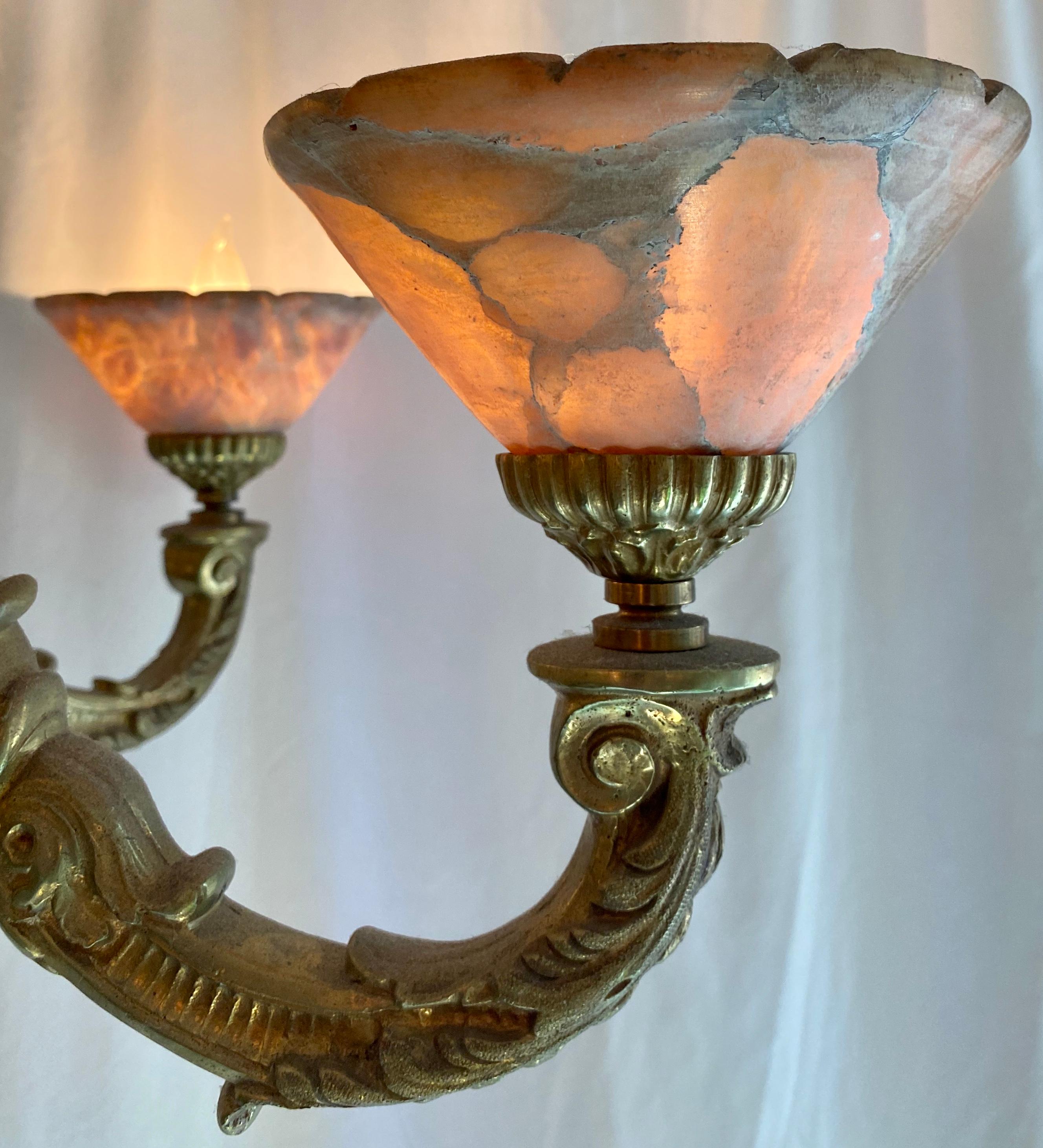 Estate French Art Deco Alabaster and Bronze Chandelier, circa 1920-1940 In Good Condition For Sale In New Orleans, LA