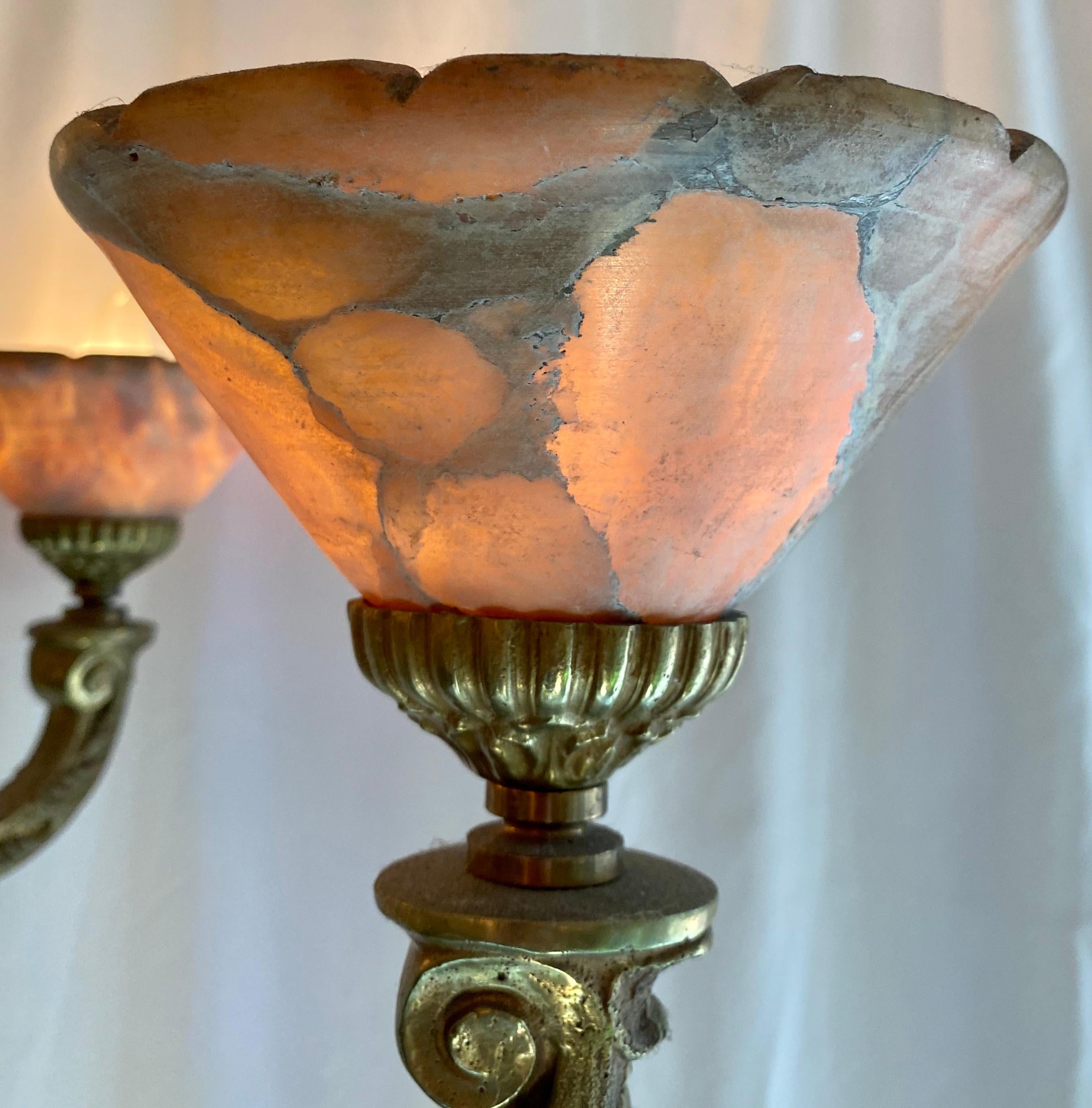 20th Century Estate French Art Deco Alabaster and Bronze Chandelier, circa 1920-1940 For Sale