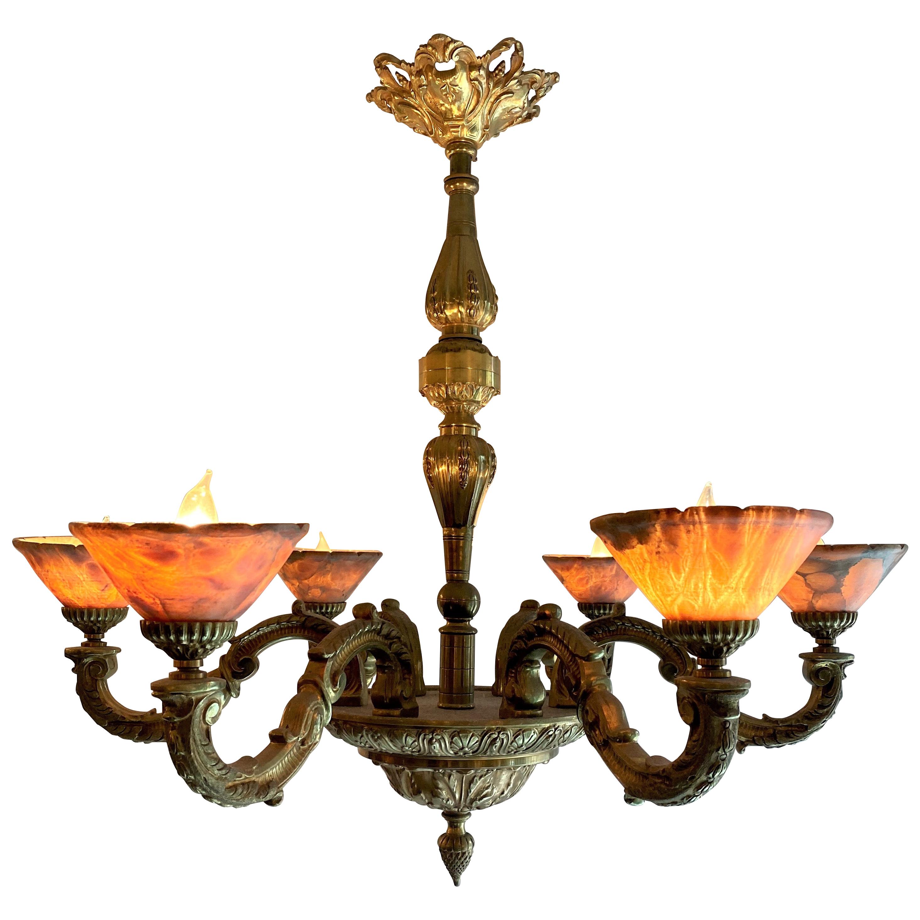 Estate French Art Deco Alabaster and Bronze Chandelier, circa 1920-1940 For Sale