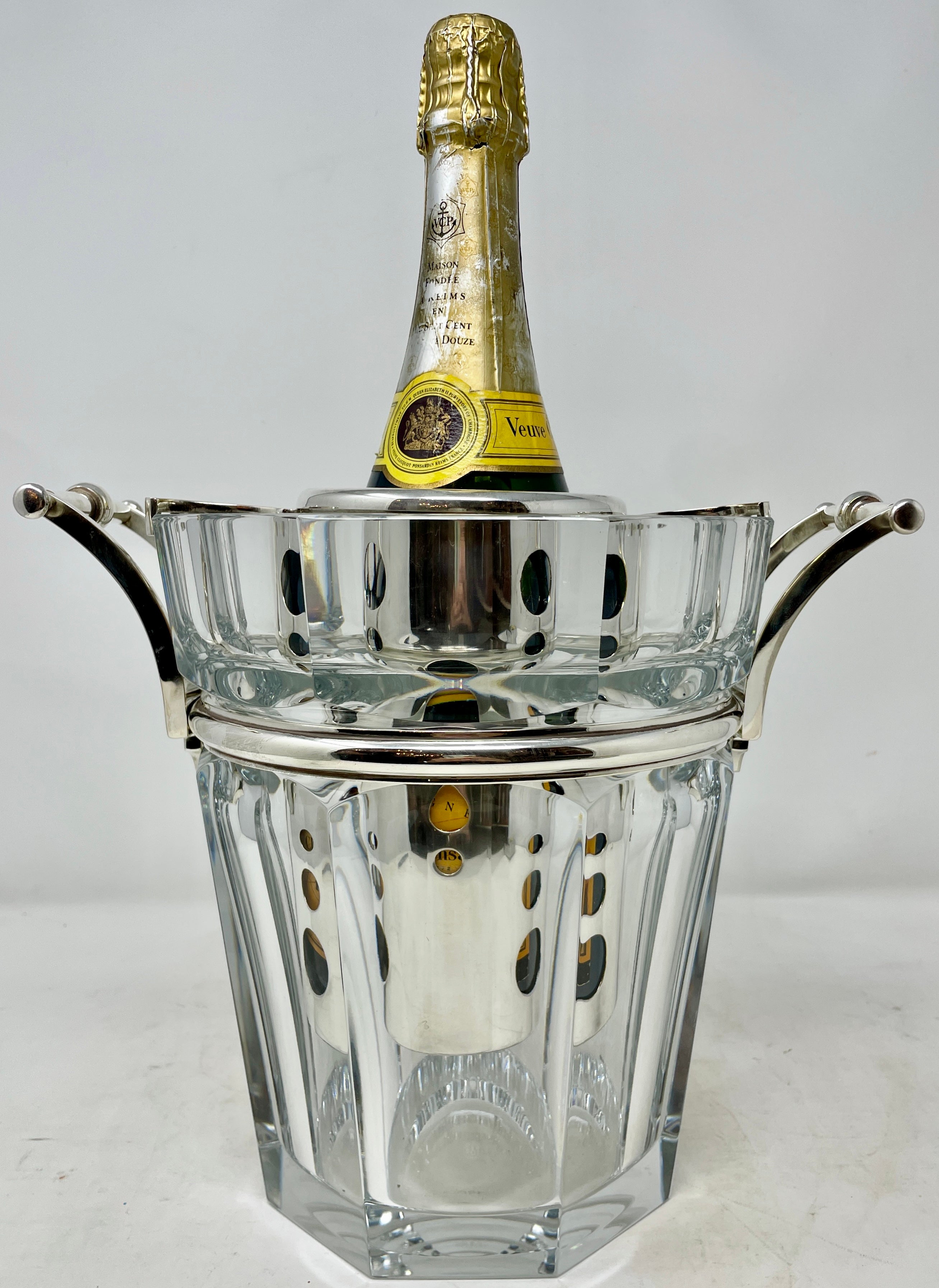 Unusual Estate French Art Deco Baccarat Signed crystal & silver-plated champagne or wine bucket with inset bottle holder (or 'frog'), Circa 1940's.