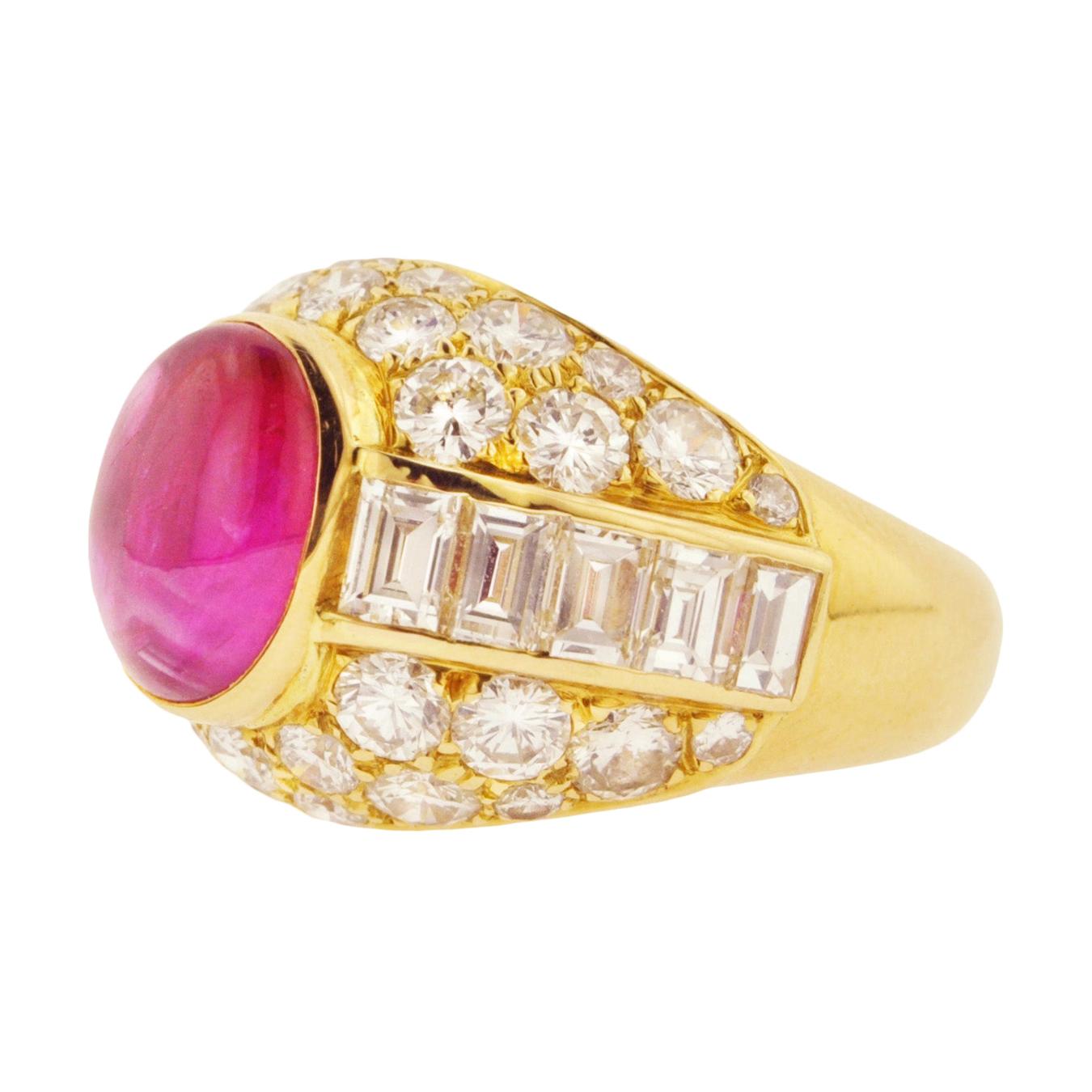 Estate French Cabochon Ruby Diamond and Gold Cocktail Ring For Sale