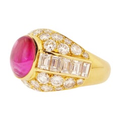 Estate French Cabochon Ruby Diamond and Gold Cocktail Ring