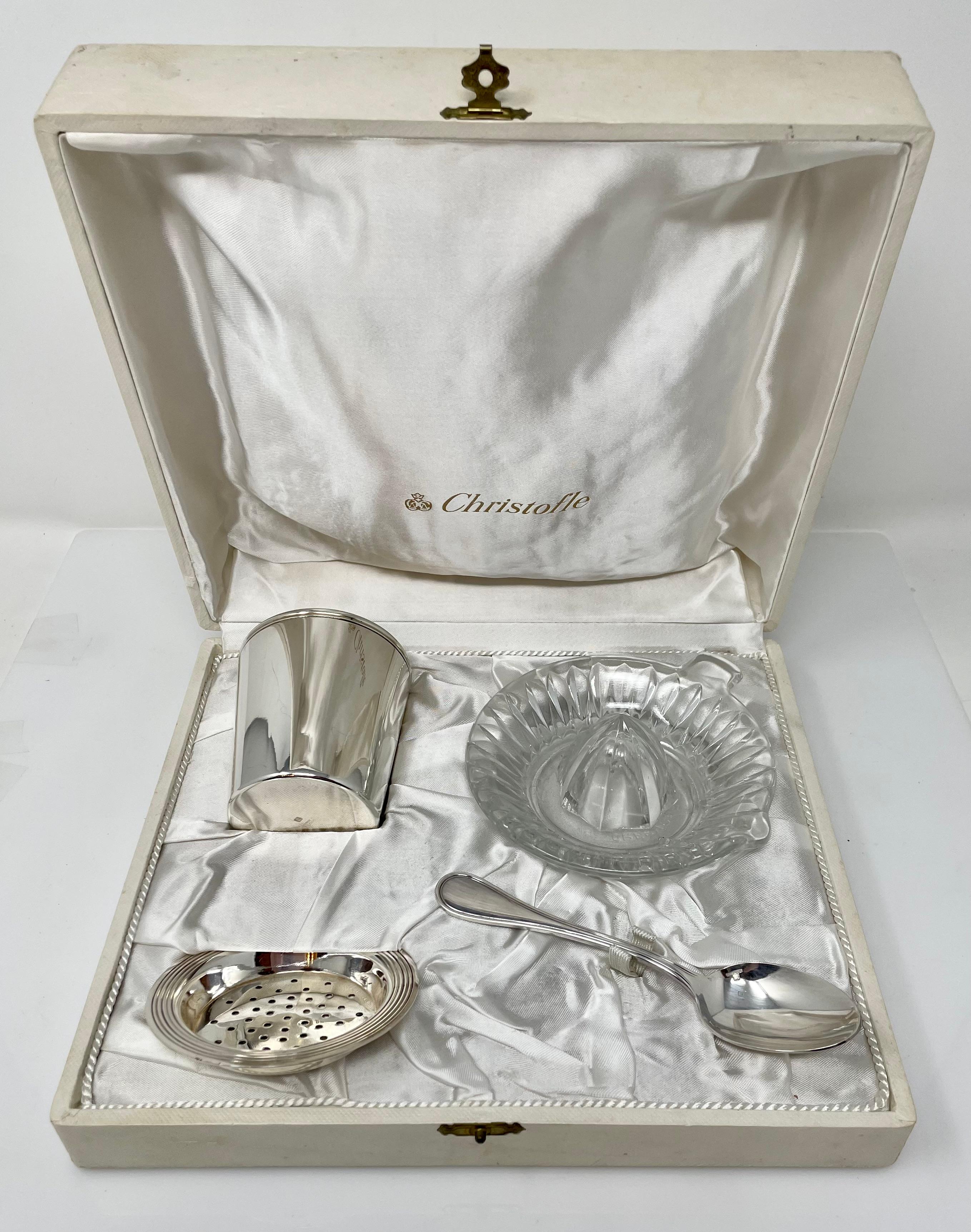 Estate French Christofle crystal and silver plate juice set in original fitted box, circa 1940-1950. Hallmarked on bottom of cup.