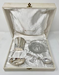 Estate French Christofle Crystal & Silver-Plate Juice Set in Fitted Box, C. 1940