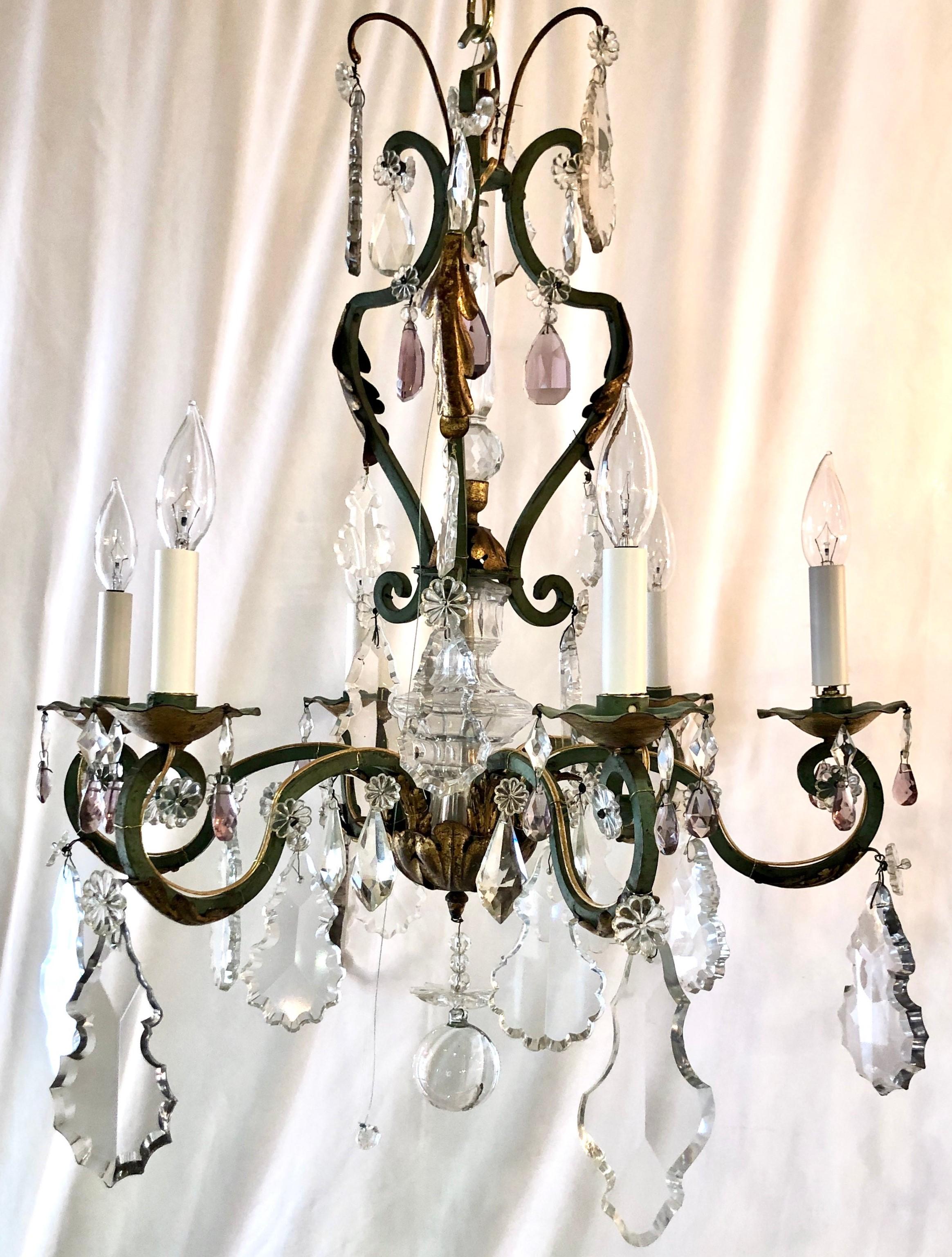Estate French clear & multi-colored crystal and wrought iron chandelier, Circa 1920s.
