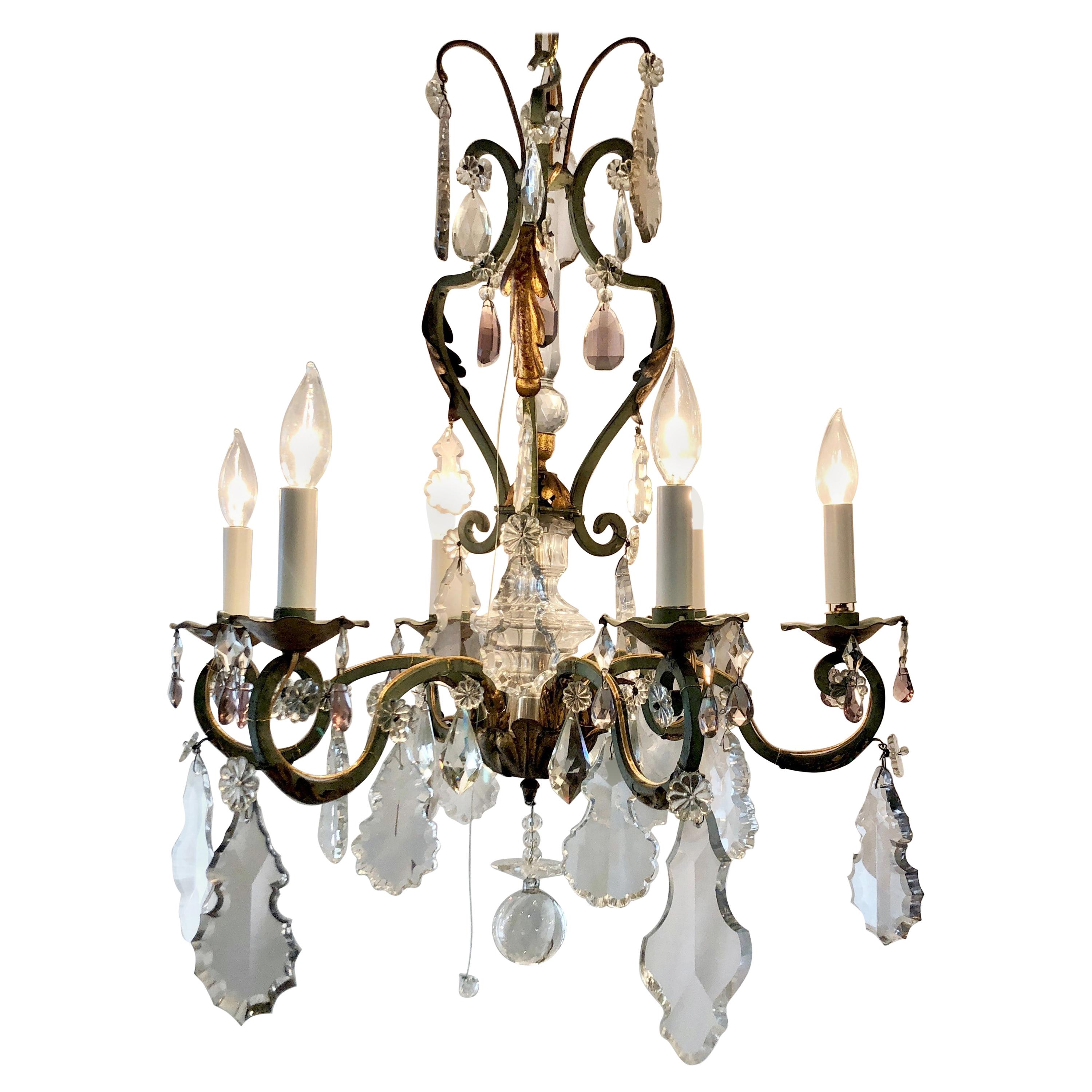 Estate French Crystal and Wrought Iron Chandelier, Circa 1920s