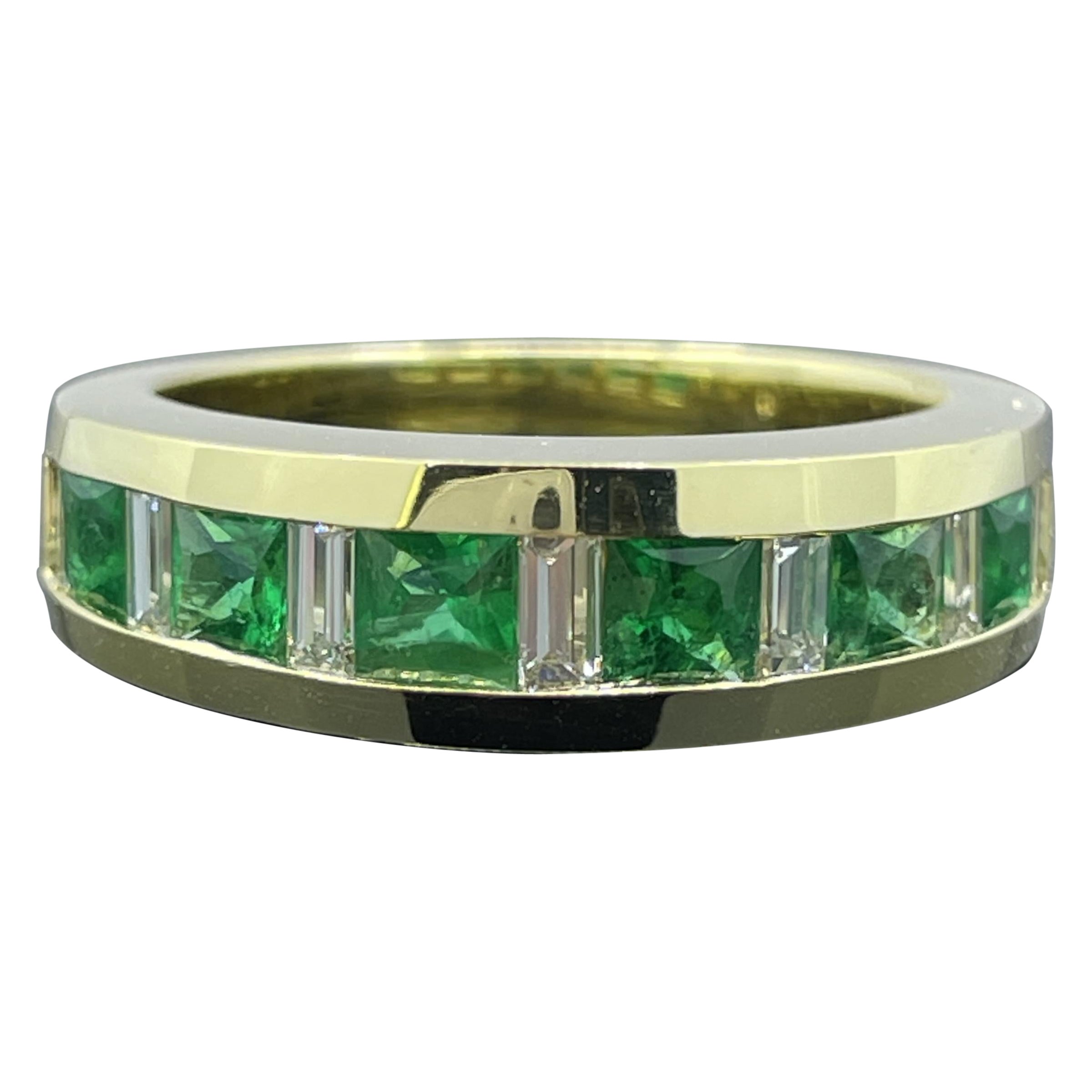 Estate Französisch-Schliff Smaragd & Diamant Baguette 18k Gelbgold Band