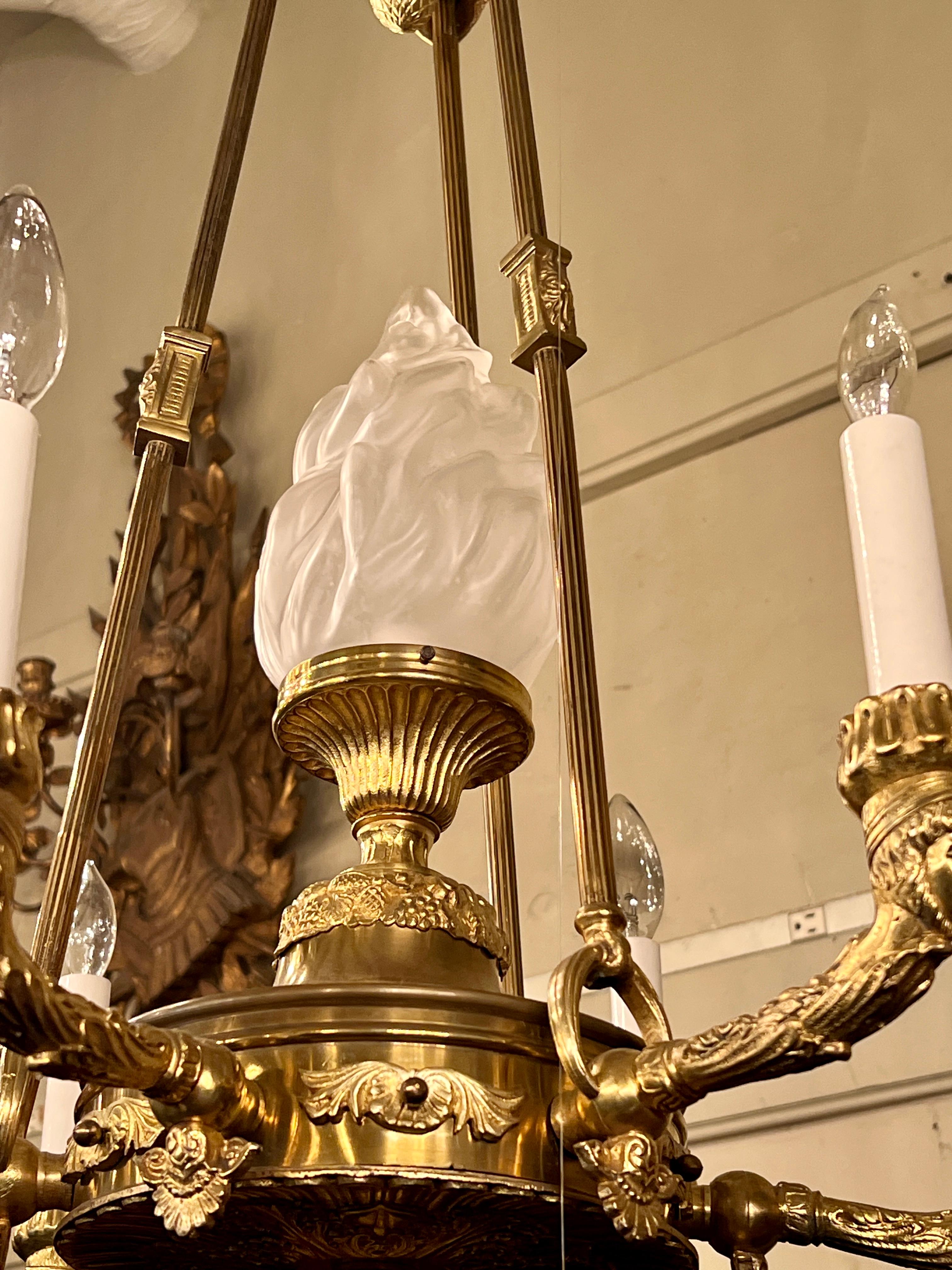 20th Century Estate French Empire Design Gold Bronze 6 Light Chandelier, 75 years old.  For Sale