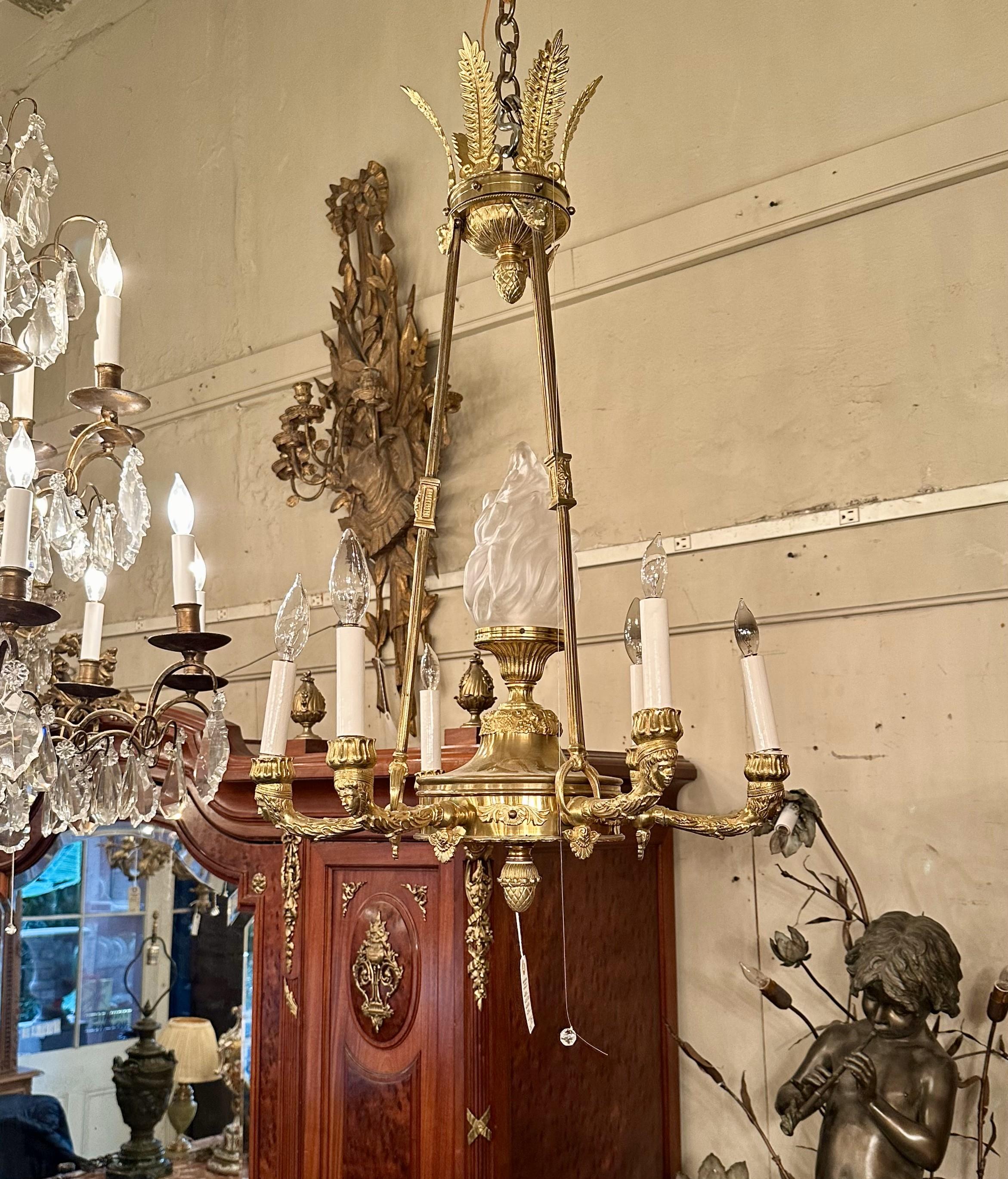 Estate French Empire Design Gold Bronze 6 Light Chandelier, 75 years old.  For Sale 2