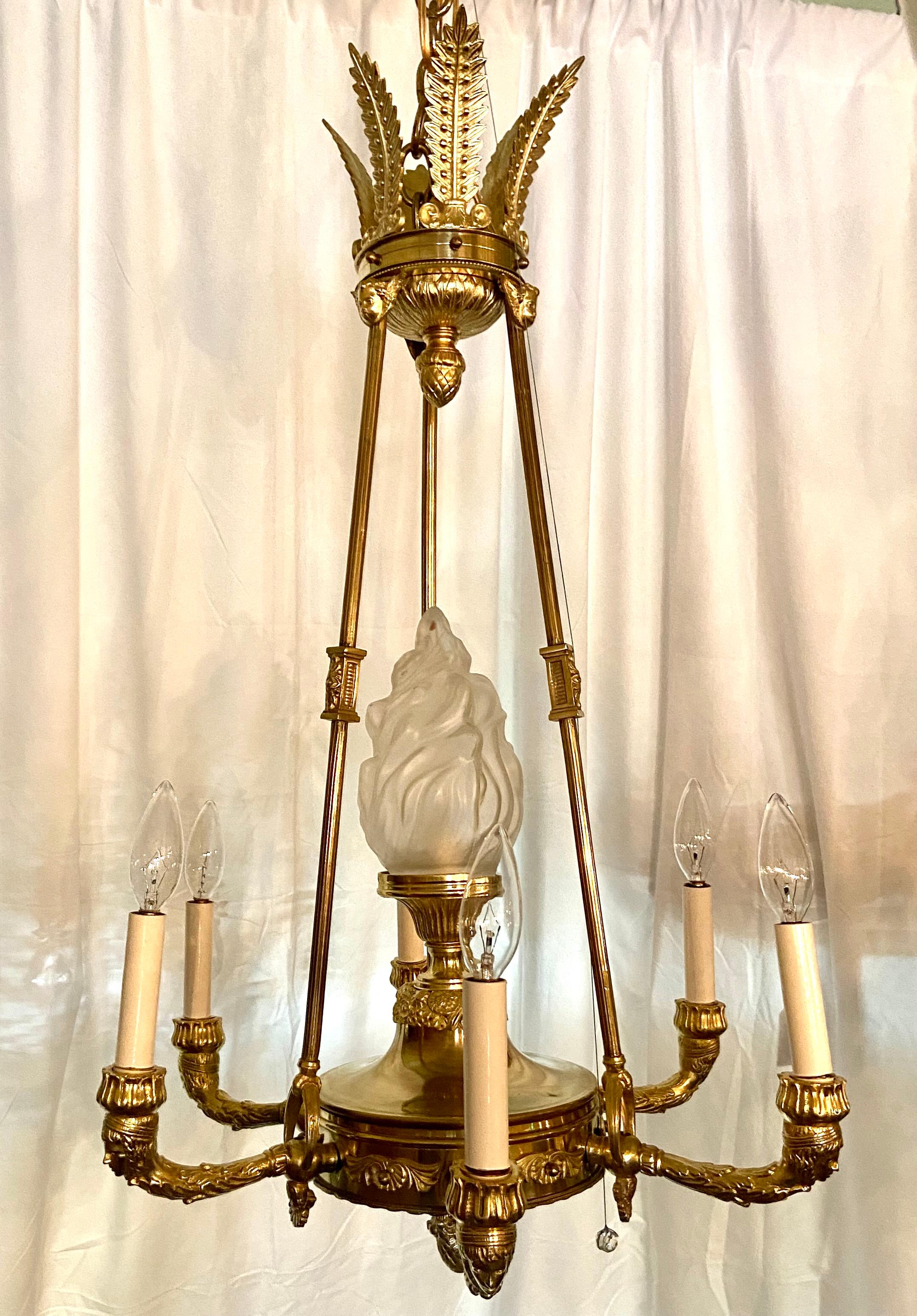 Estate French Empire design gold bronze and frosted glass chandelier, Circa 1940.