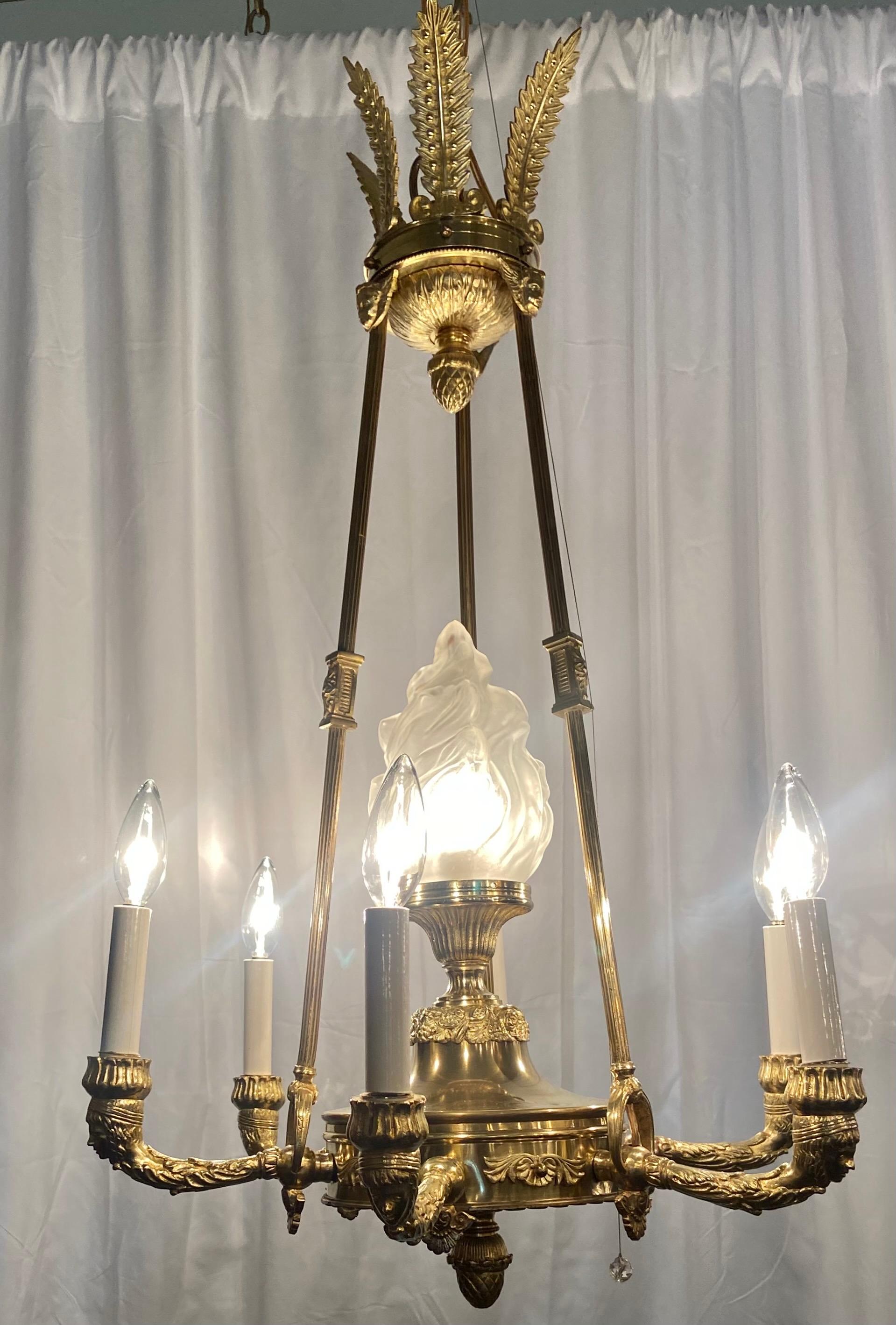 Estate French Empire Design Gold Bronze and Frosted Glass Chandelier, Circa 1940 In Good Condition In New Orleans, LA