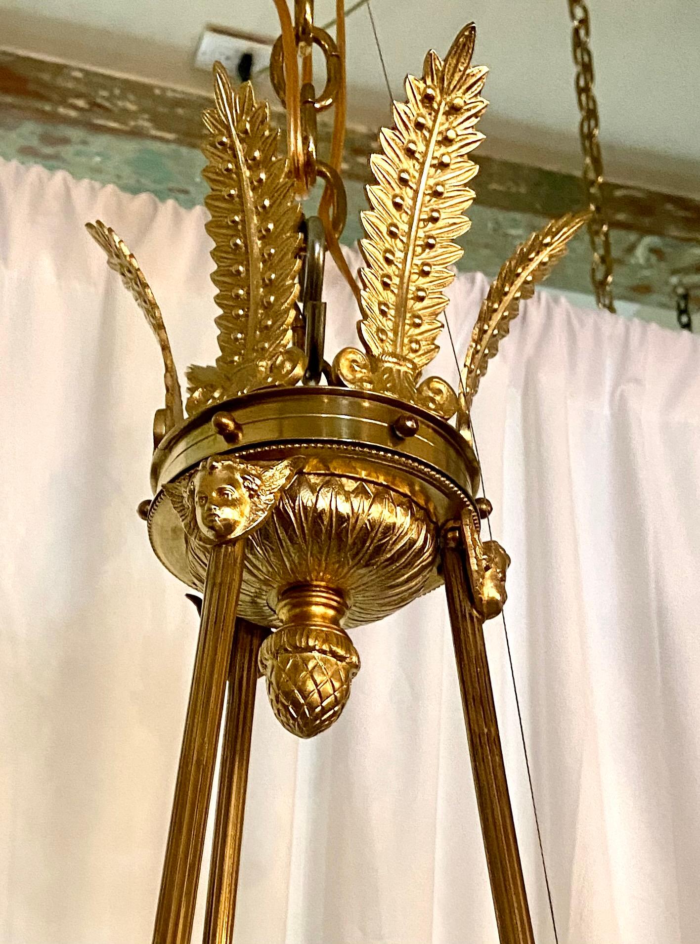 20th Century Estate French Empire Design Gold Bronze and Frosted Glass Chandelier, Circa 1940