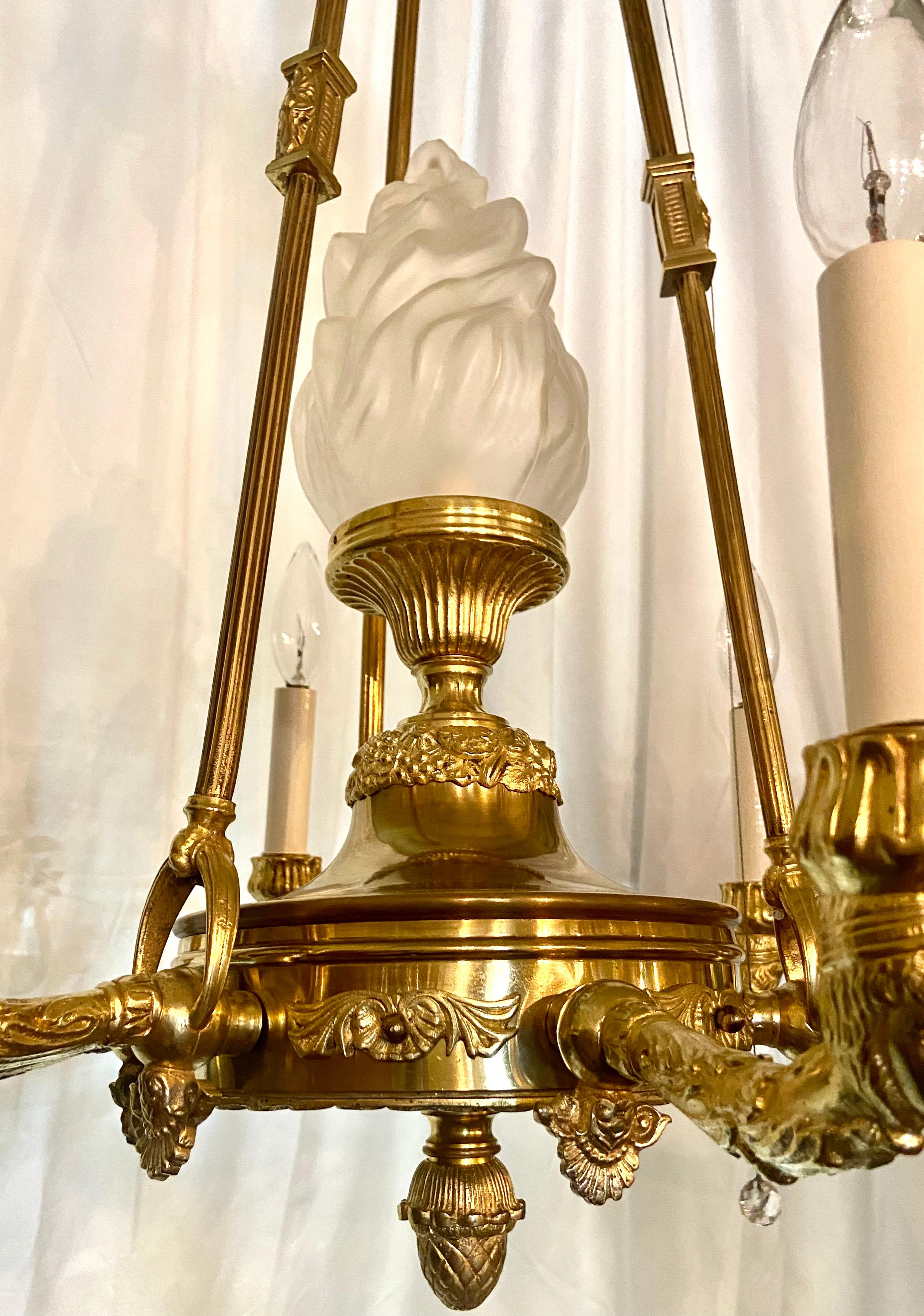 Estate French Empire Design Gold Bronze and Frosted Glass Chandelier, Circa 1940 1