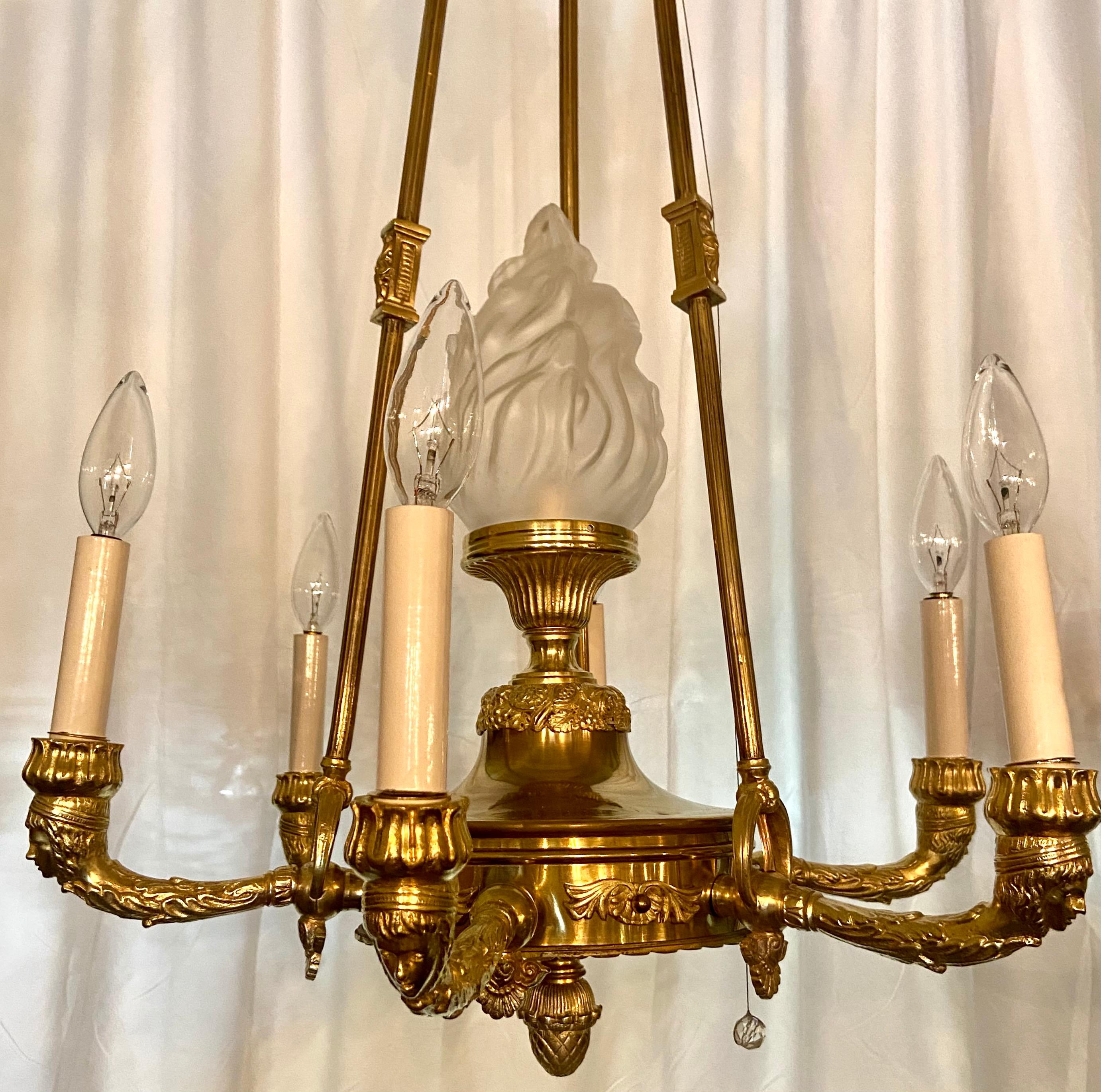 Estate French Empire Design Gold Bronze and Frosted Glass Chandelier, Circa 1940 2