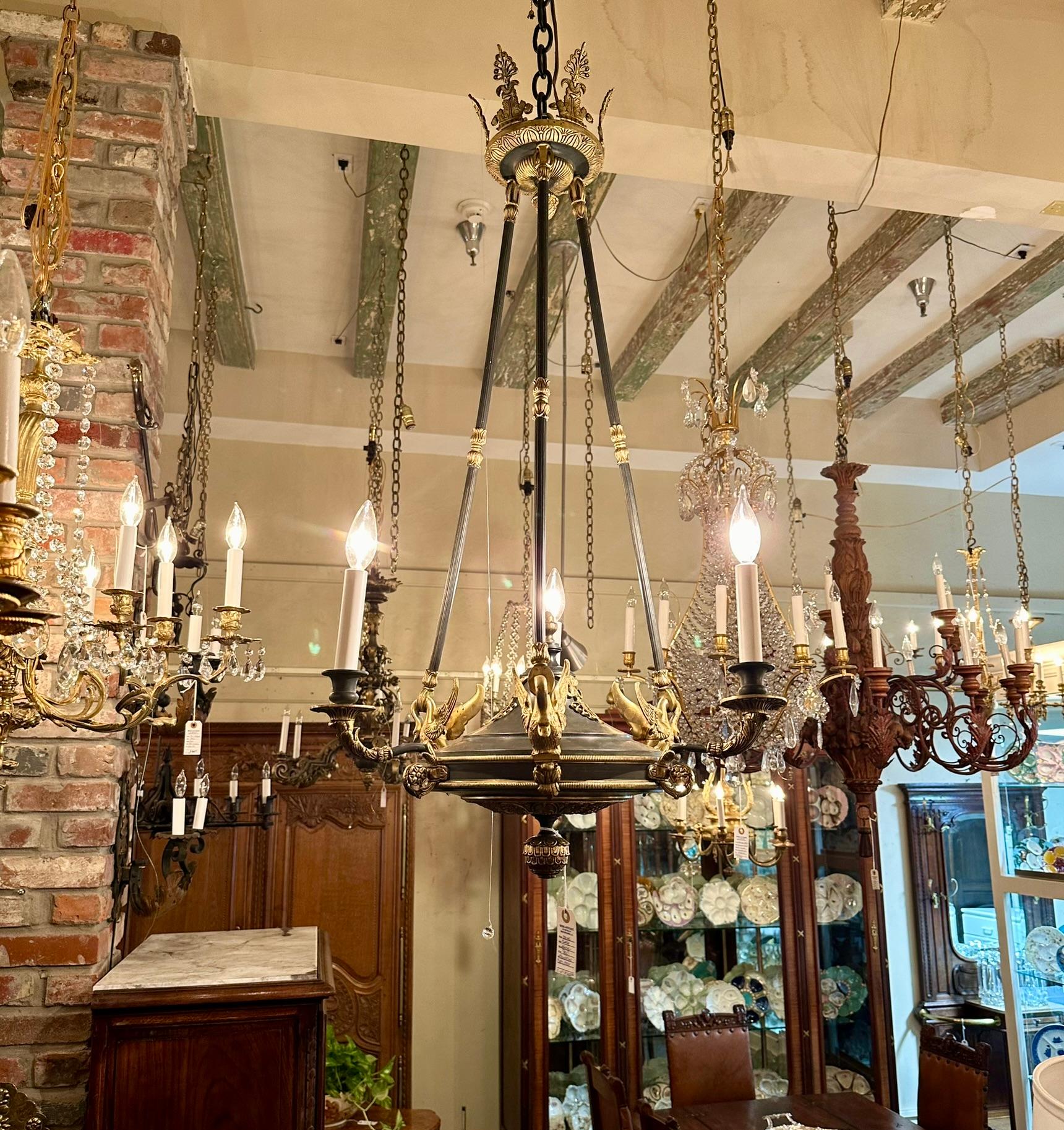 Estate French Empire Gold Bronze and Steel Chandelier, Circa 1950's. For Sale 7
