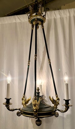 Estate French Empire Gold Bronze and Steel Chandelier, Circa 1950's.
