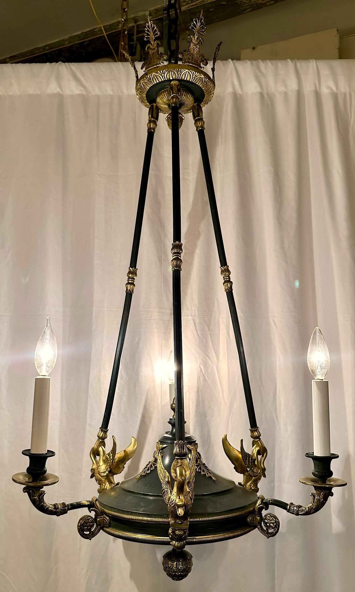 20th Century Estate French Empire Gold Bronze and Steel Chandelier, Circa 1950's. For Sale