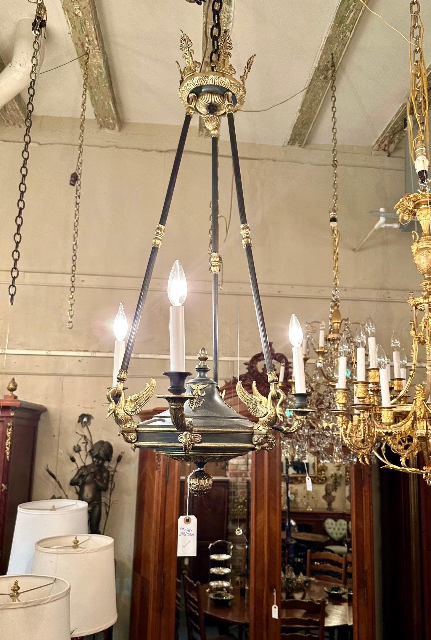 Estate French Empire Gold Bronze and Steel Chandelier, Circa 1950's. For Sale 6