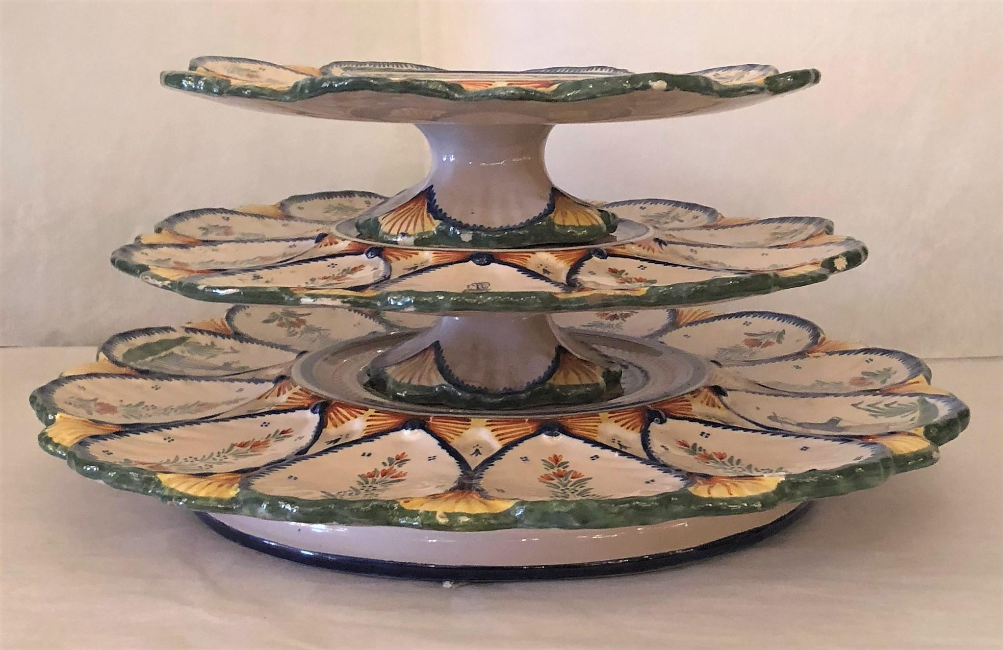 Estate French Faience 3-Tiered Oyster Server, Signed 'HR Quimper, ' circa 1950 In Excellent Condition In New Orleans, LA