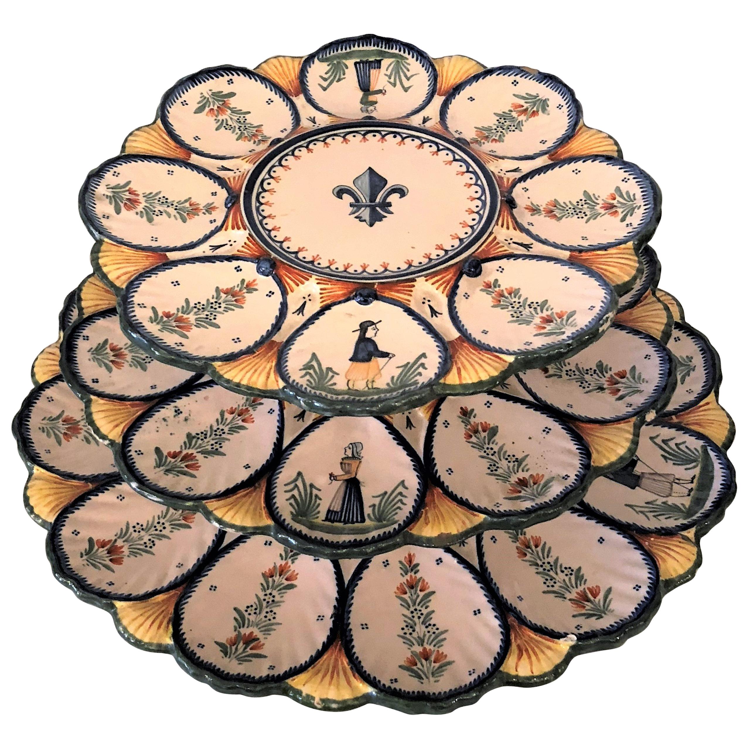 Estate French Faience 3-Tiered Oyster Server, Signed 'HR Quimper, ' circa 1950