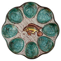 Estate French Faience Hand-Decorated Vallauris Porcelain "Sea Life" Oyster Plate
