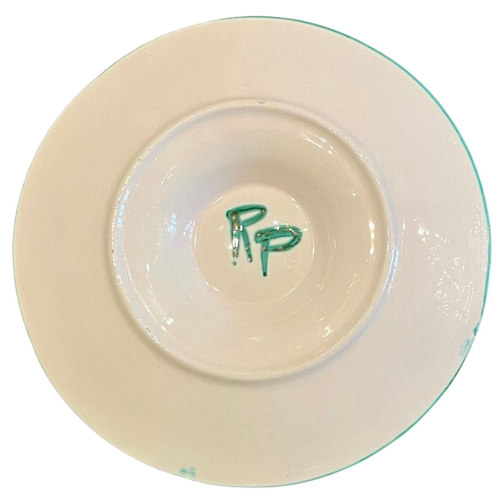 20th Century Estate French Faience Hand-Painted Green Porcelain Oyster Plate, circa 1960's. For Sale