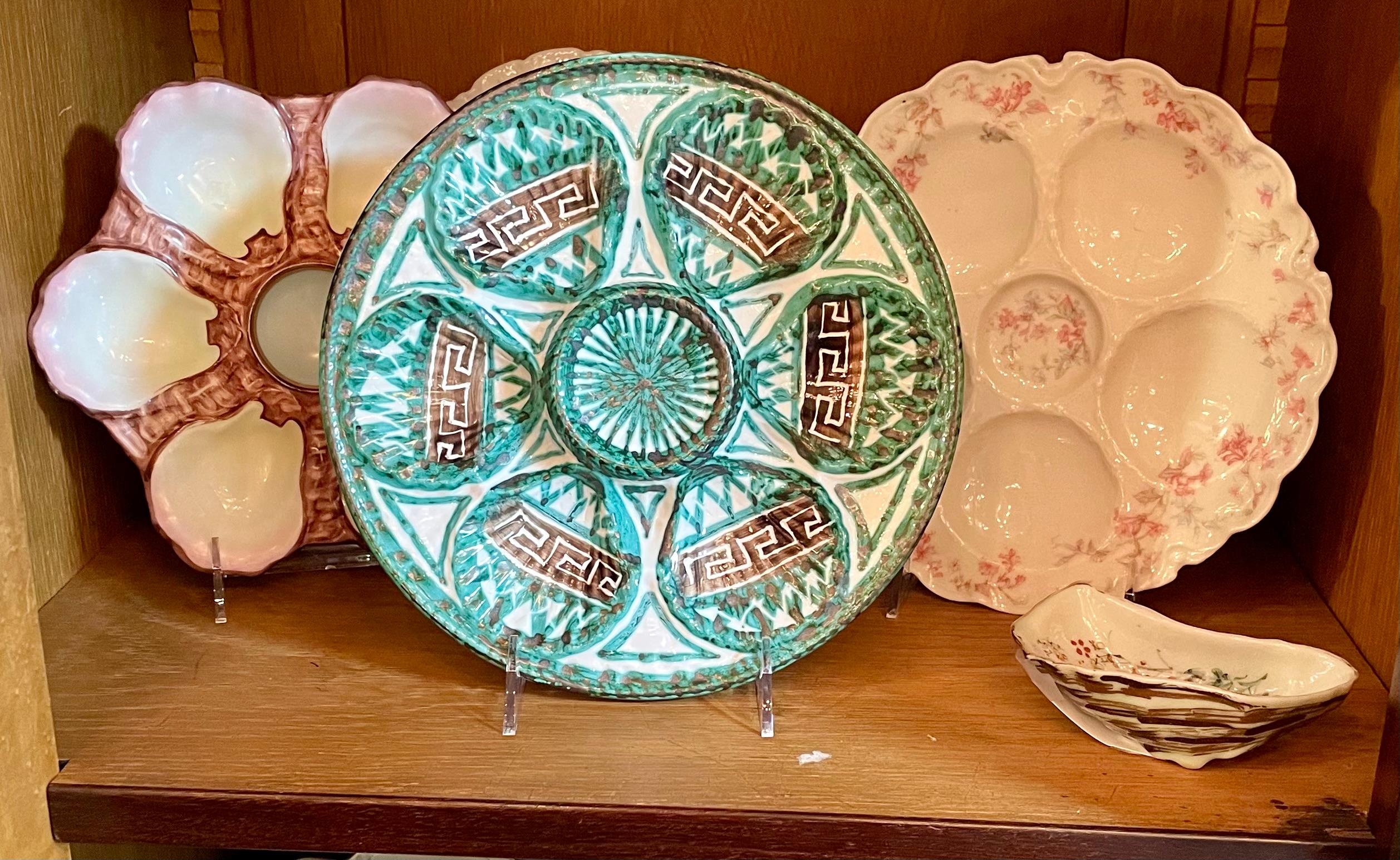 Estate French Faience Hand-Painted Green Porcelain Oyster Plate, circa 1960's. For Sale 2