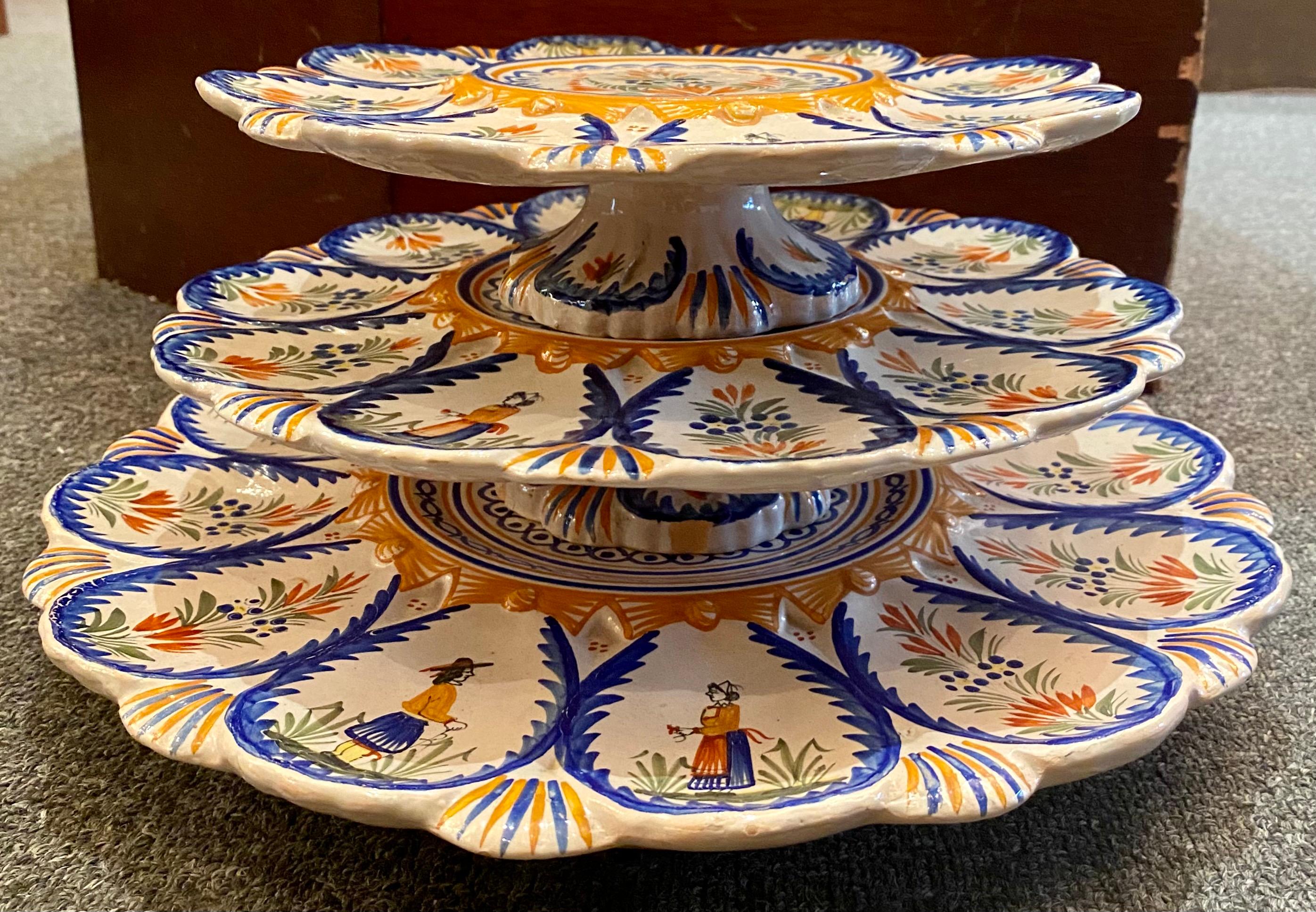 Estate French Faience hand painted pottery porcelain 3-tiered oyster platter signed Henriot Quimper, circa 1940s.
Each of the 3 tiers are removable.
Measures: 13 1/2