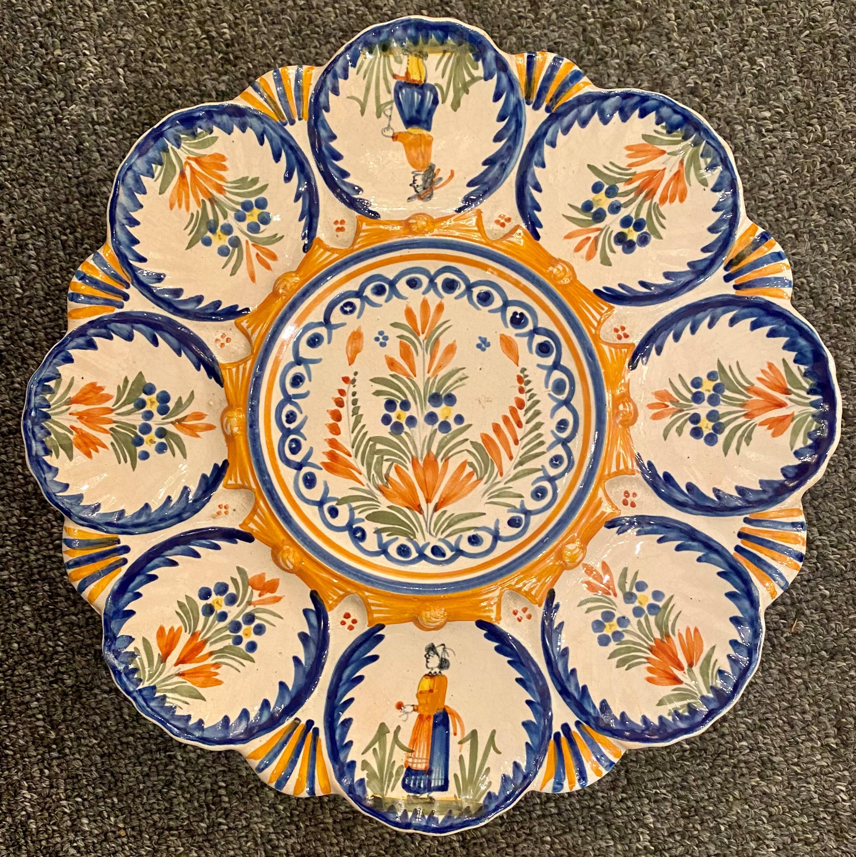 Estate French Faience Hand Painted Henriot Quimper 3-Tier Oyster Platter, 1940s In Good Condition In New Orleans, LA