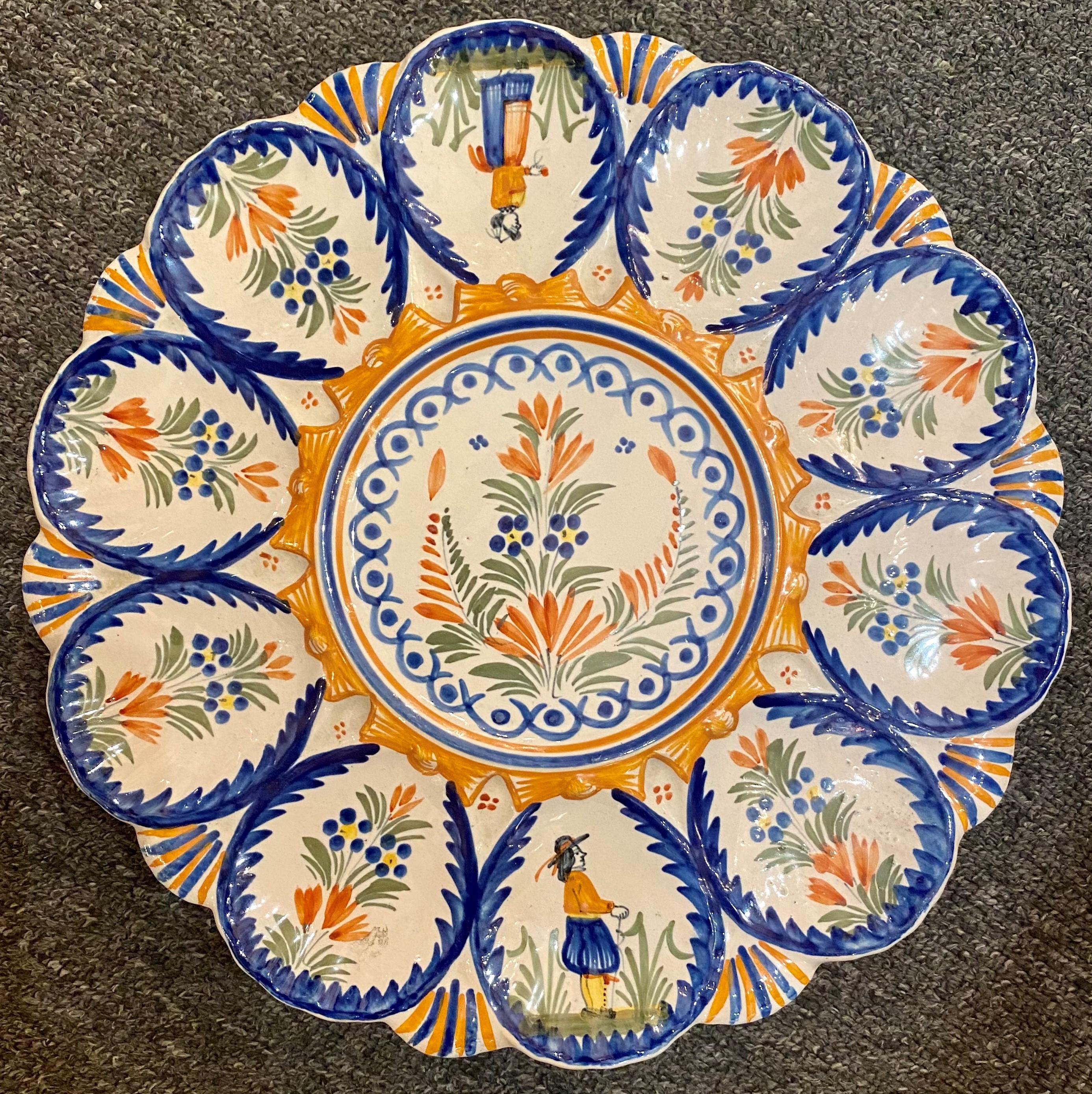 20th Century Estate French Faience Hand Painted Henriot Quimper 3-Tier Oyster Platter, 1940s