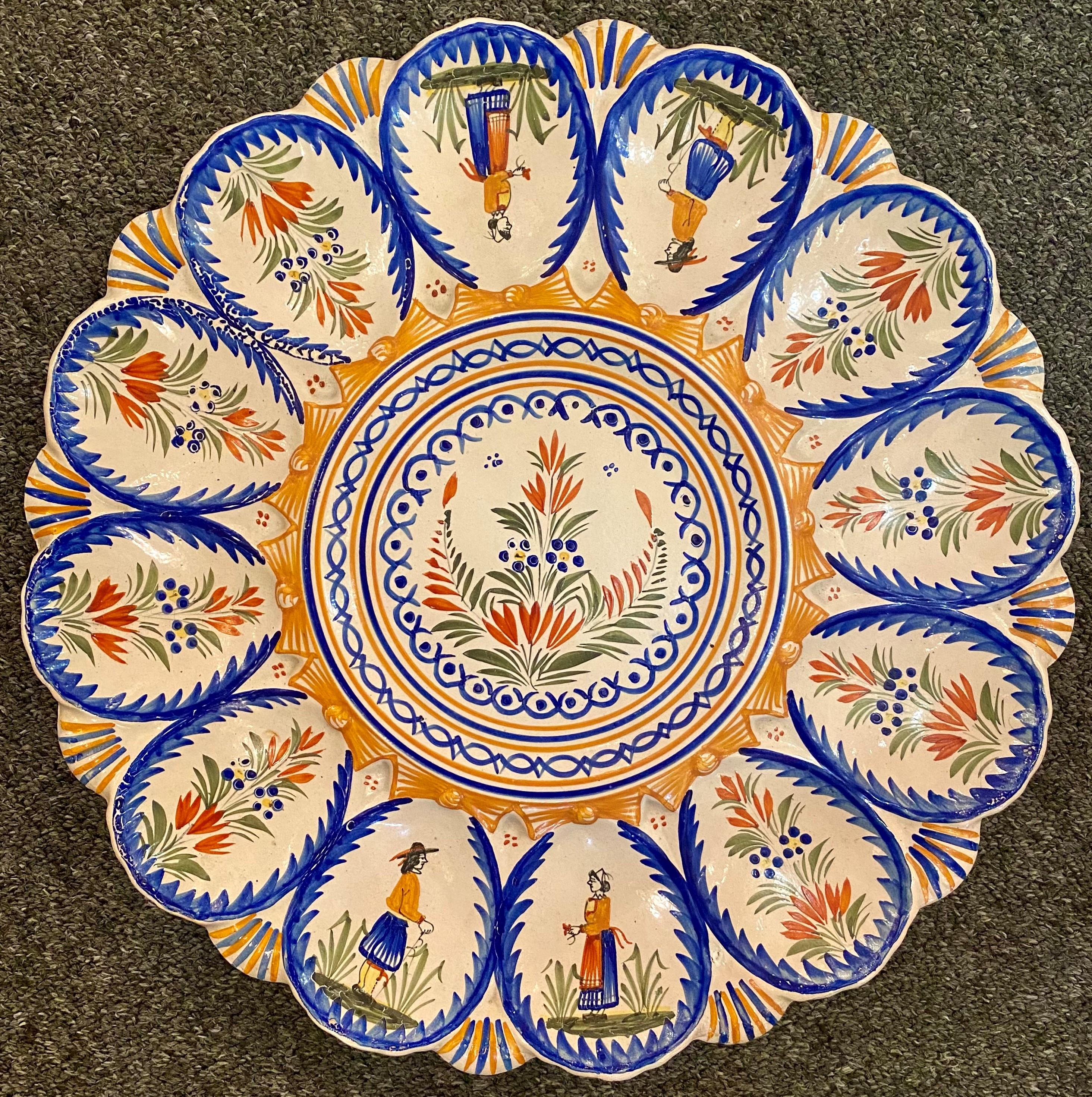 Pottery Estate French Faience Hand Painted Henriot Quimper 3-Tier Oyster Platter, 1940s