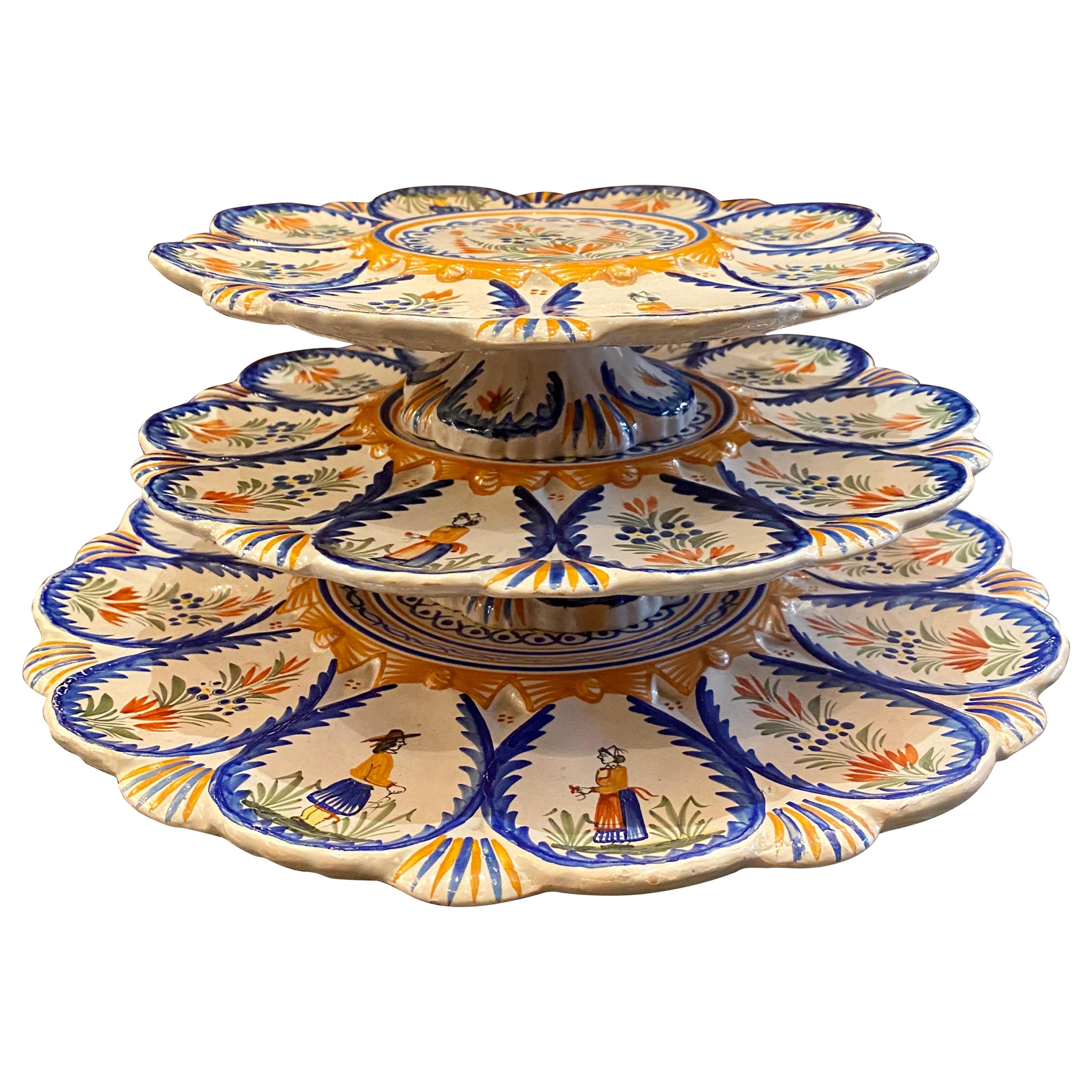 Estate French Faience Hand Painted Henriot Quimper 3-Tier Oyster Platter, 1940s
