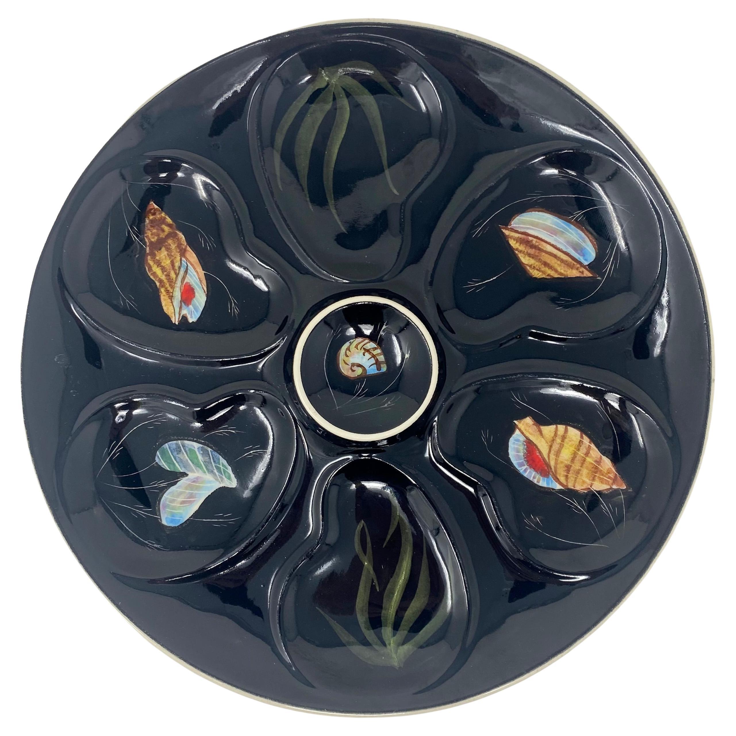 Estate French Faience Henriot Quimper Painted Sea-Life Oyster Plate Circa 1940
s