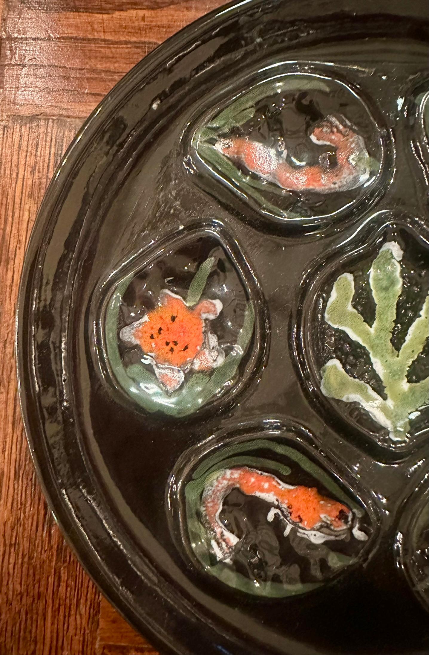 Estate French Faience Porcelain Hand-Painted Green and Orange Oyster Plate, Circa 1930-1940.