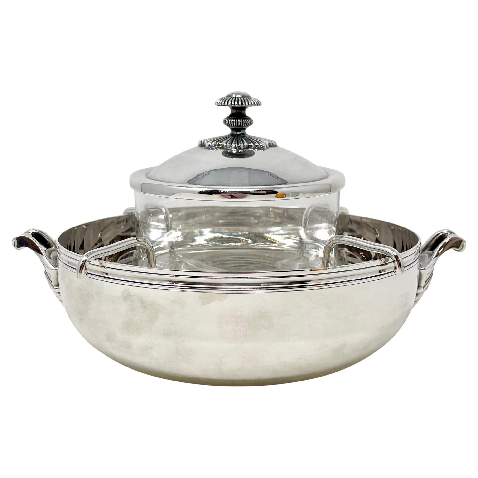 Estate French glass and silver-plate caviar serving dish, signed 