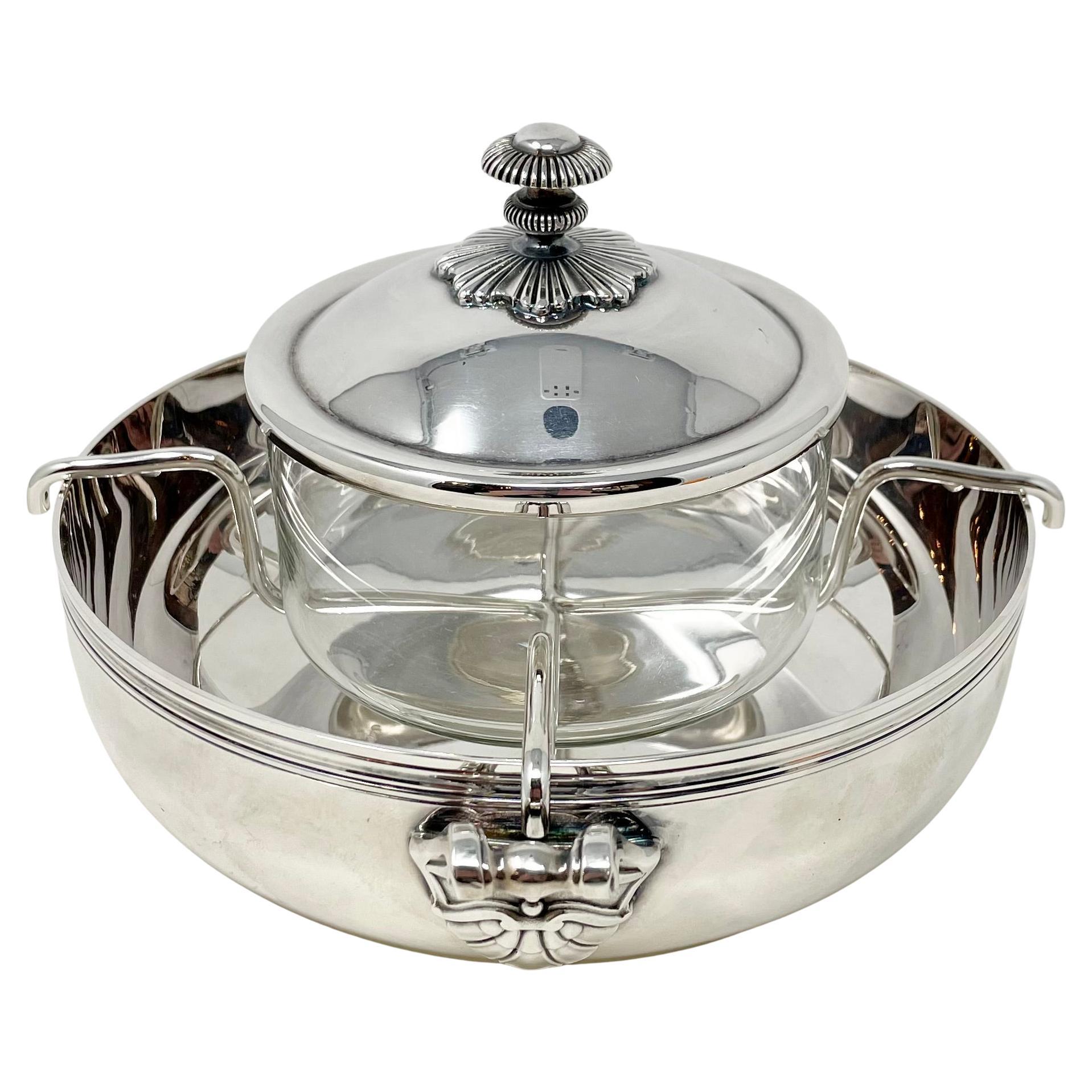 Estate French Glass & Silver-Plate Caviar Dish Signed 