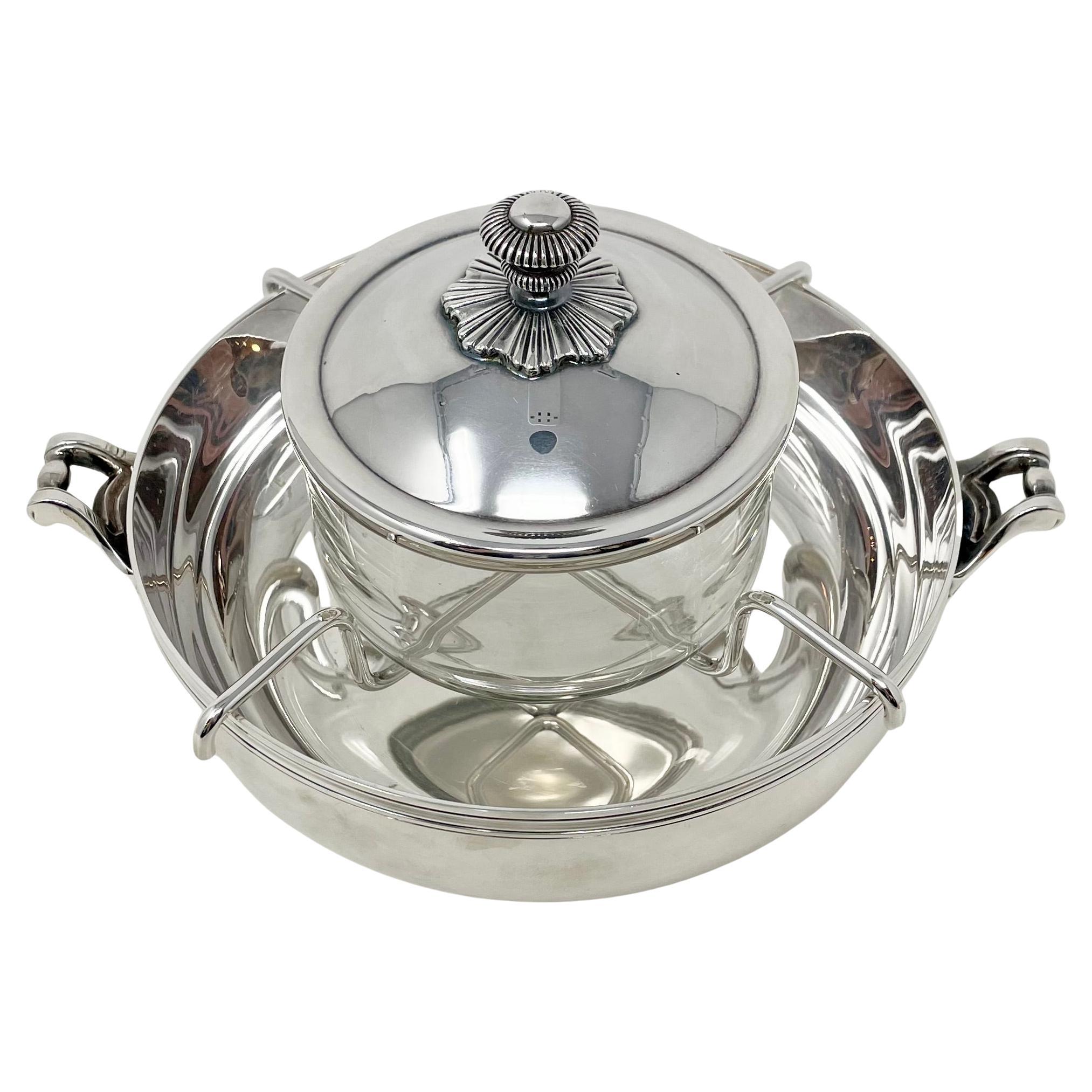 Silver Plate Estate French Glass & Silver-Plate Caviar Dish Signed 