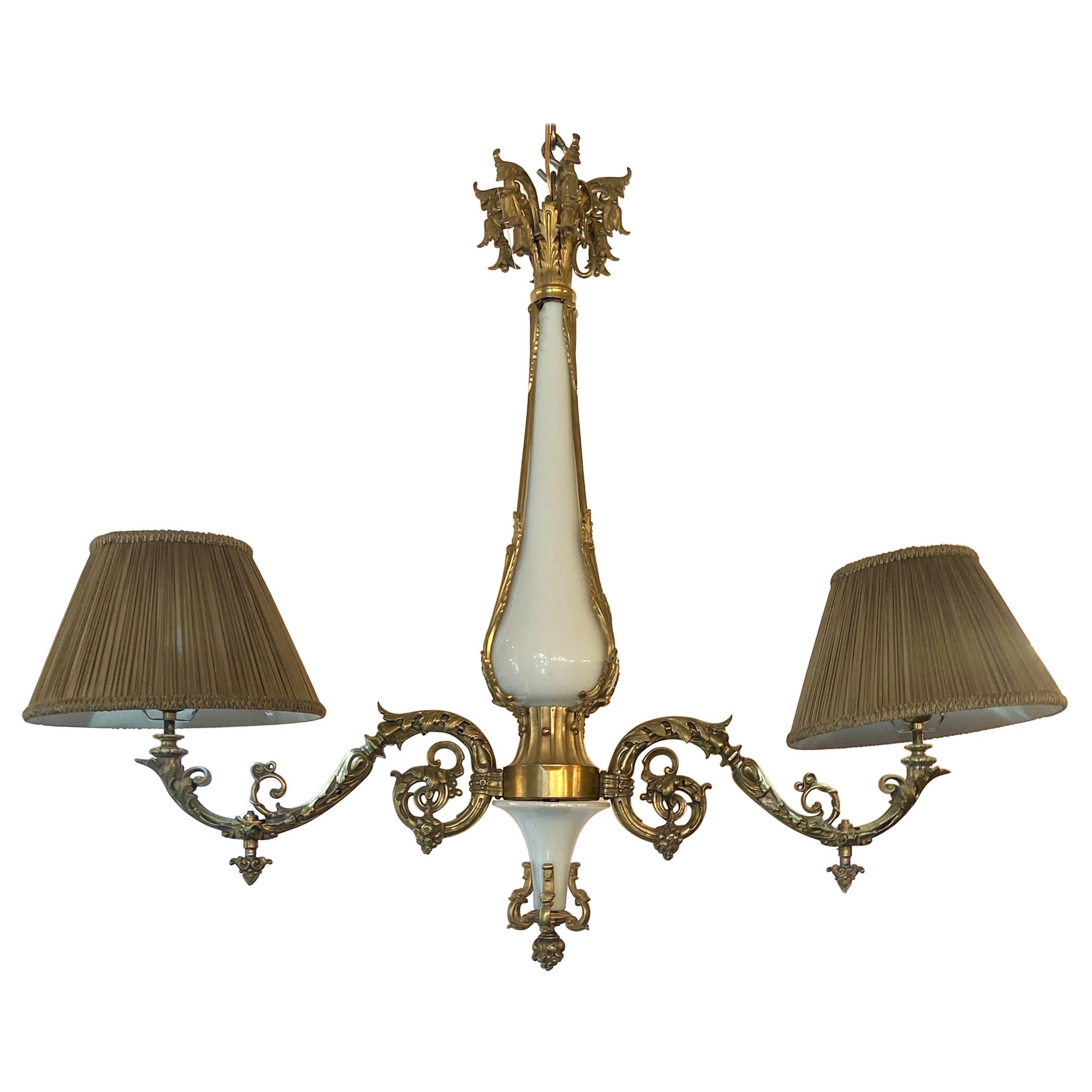 Estate French Gold Bronze and Opaline Glass "Gasolier" Light Fixture, Circa 1930 For Sale