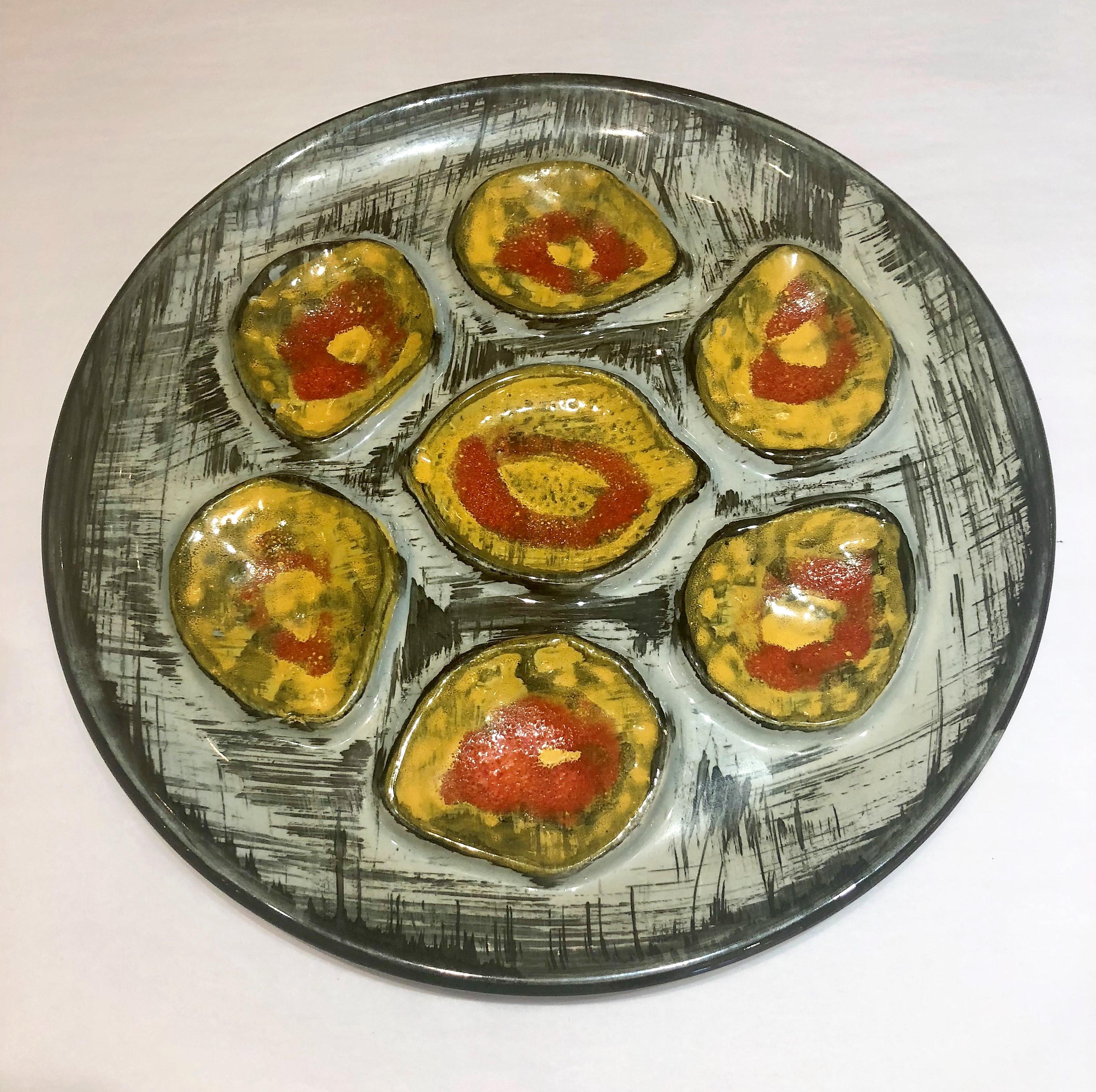 Estate French hand-painted art pottery oyster plate, circa 1960-1970.
