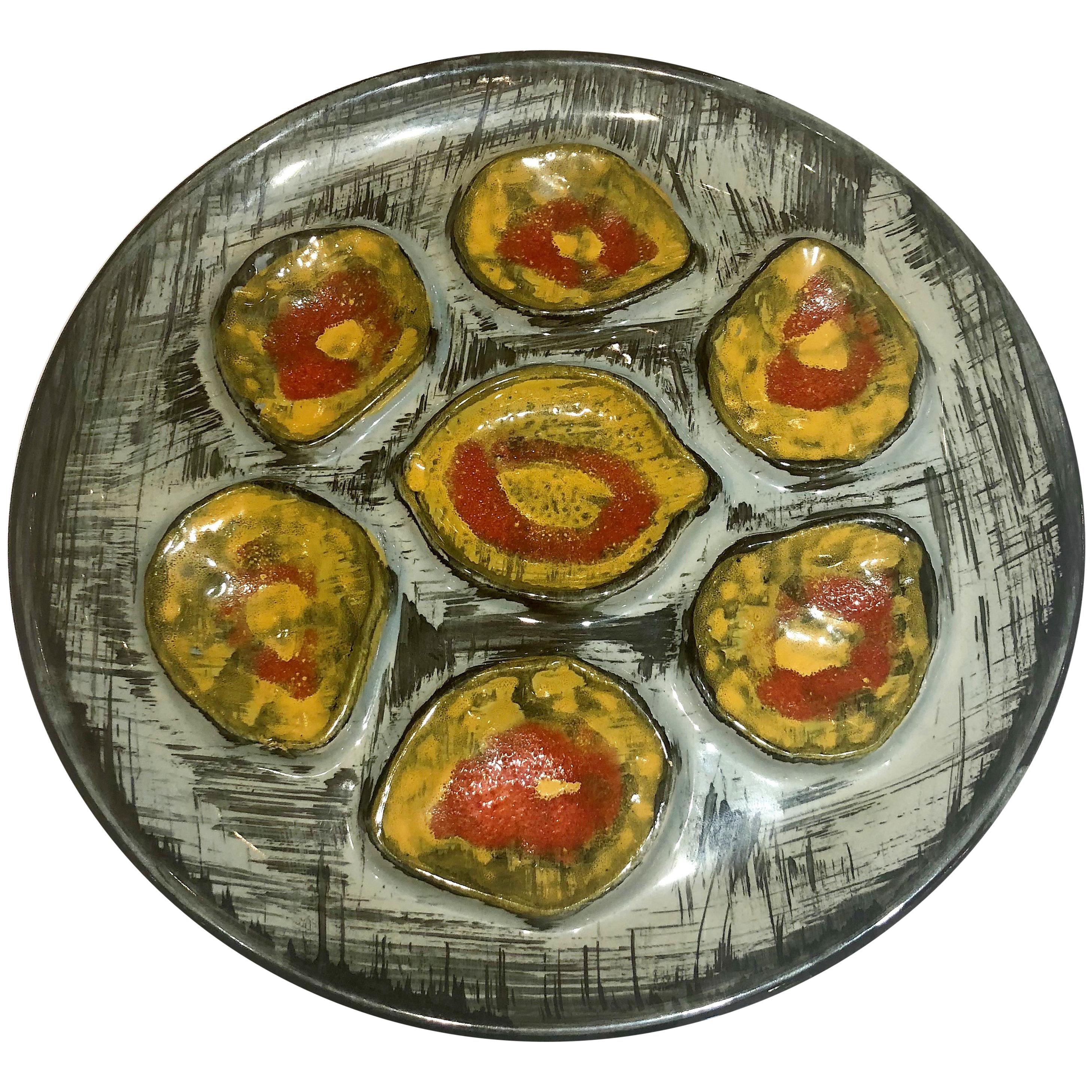 Estate French Hand Painted Art Pottery Oyster Plate, circa 1960-1970